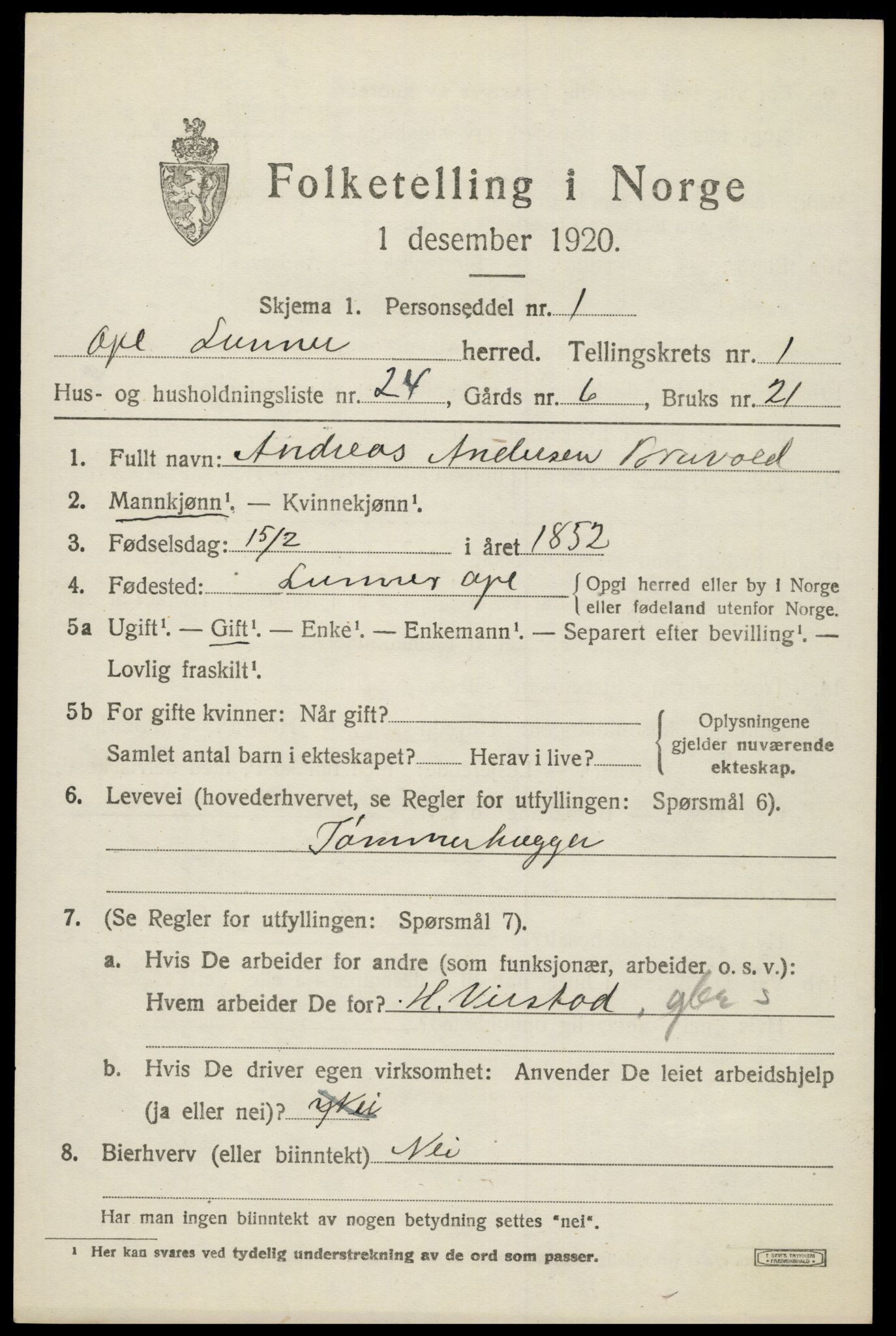 SAH, 1920 census for Lunner, 1920, p. 1911