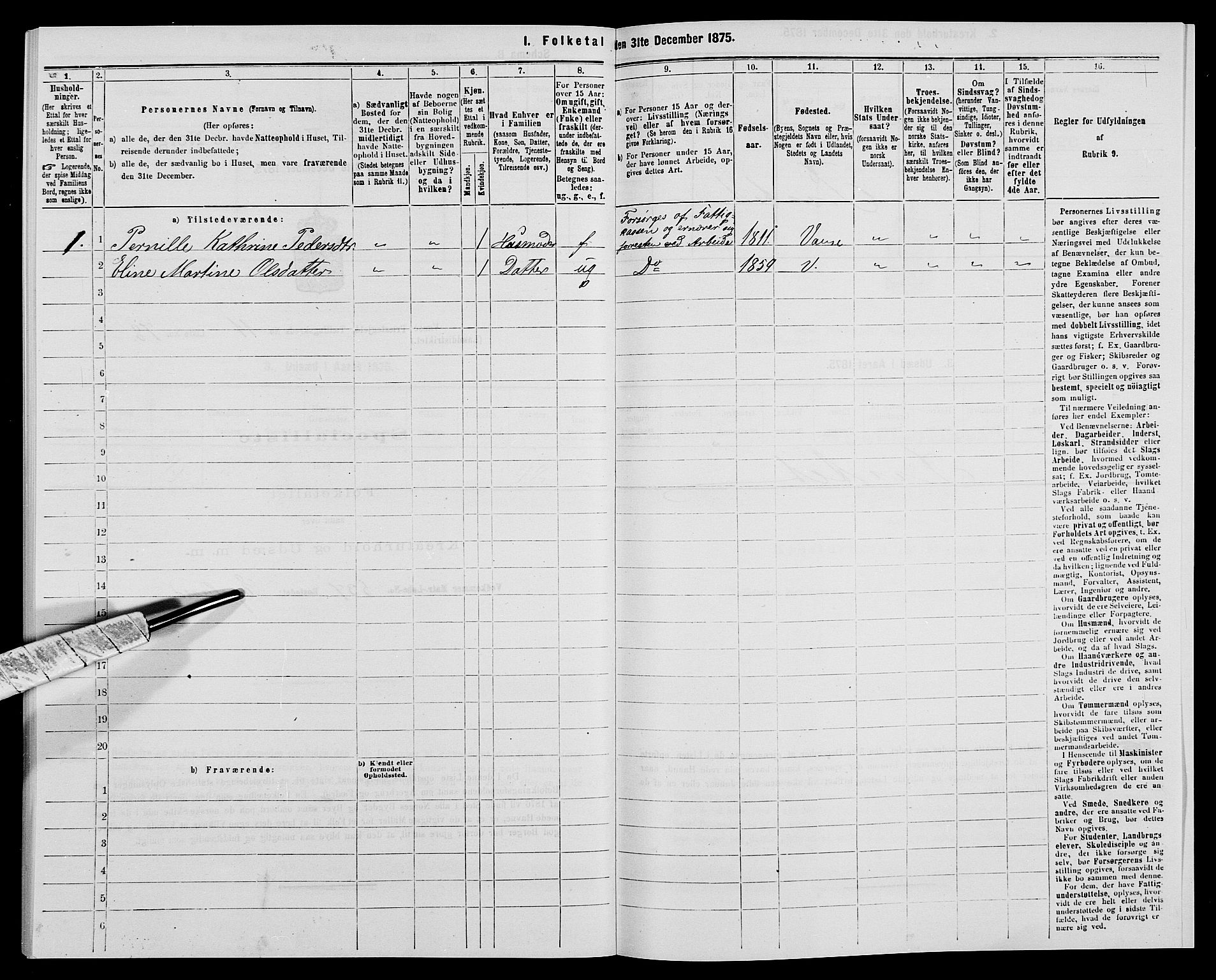 SAK, 1875 census for 1041L Vanse/Vanse og Farsund, 1875, p. 2145