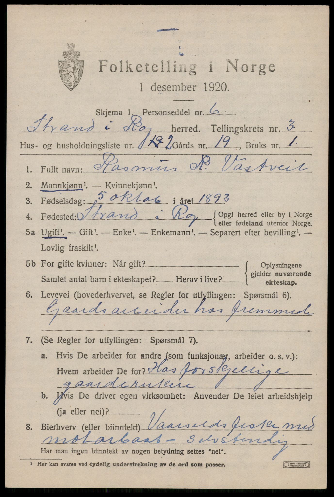 SAST, 1920 census for Strand, 1920, p. 2326