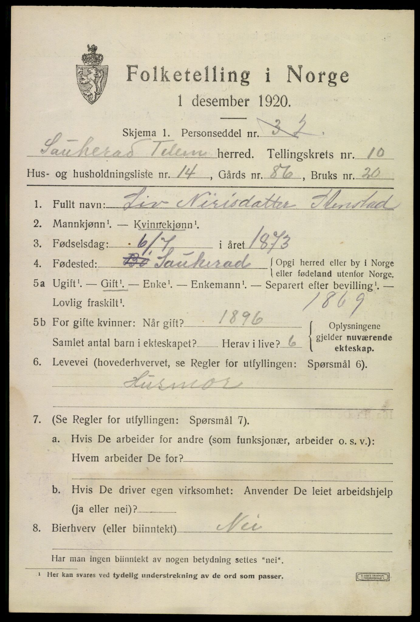 SAKO, 1920 census for Sauherad, 1920, p. 7519