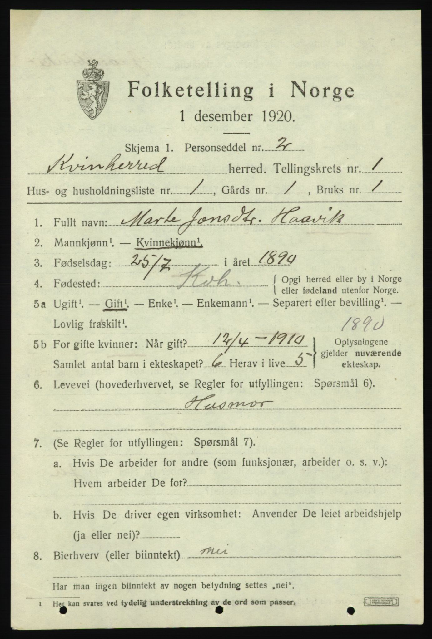 SAB, 1920 census for Kvinnherad, 1920, p. 3730