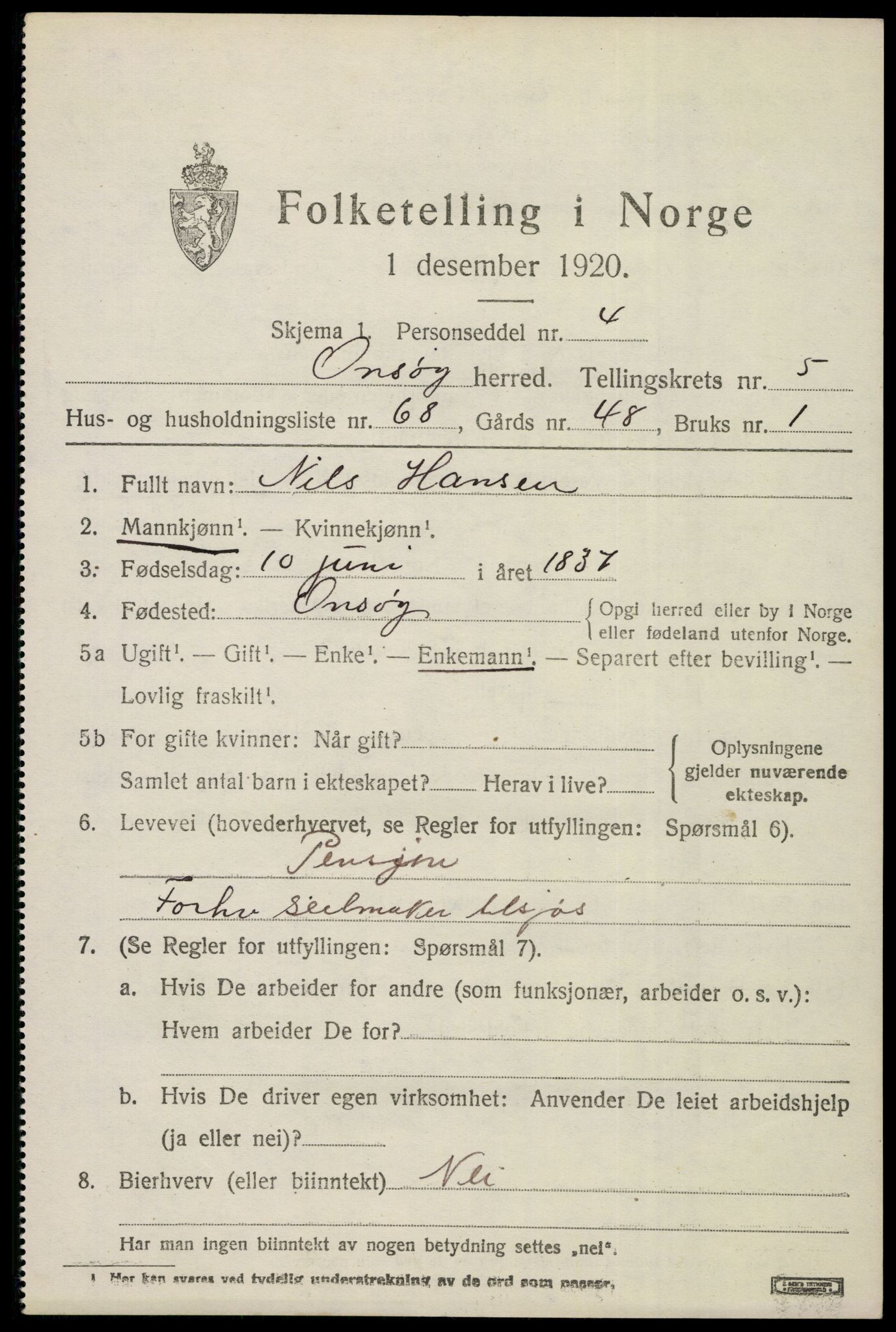 SAO, 1920 census for Onsøy, 1920, p. 7400