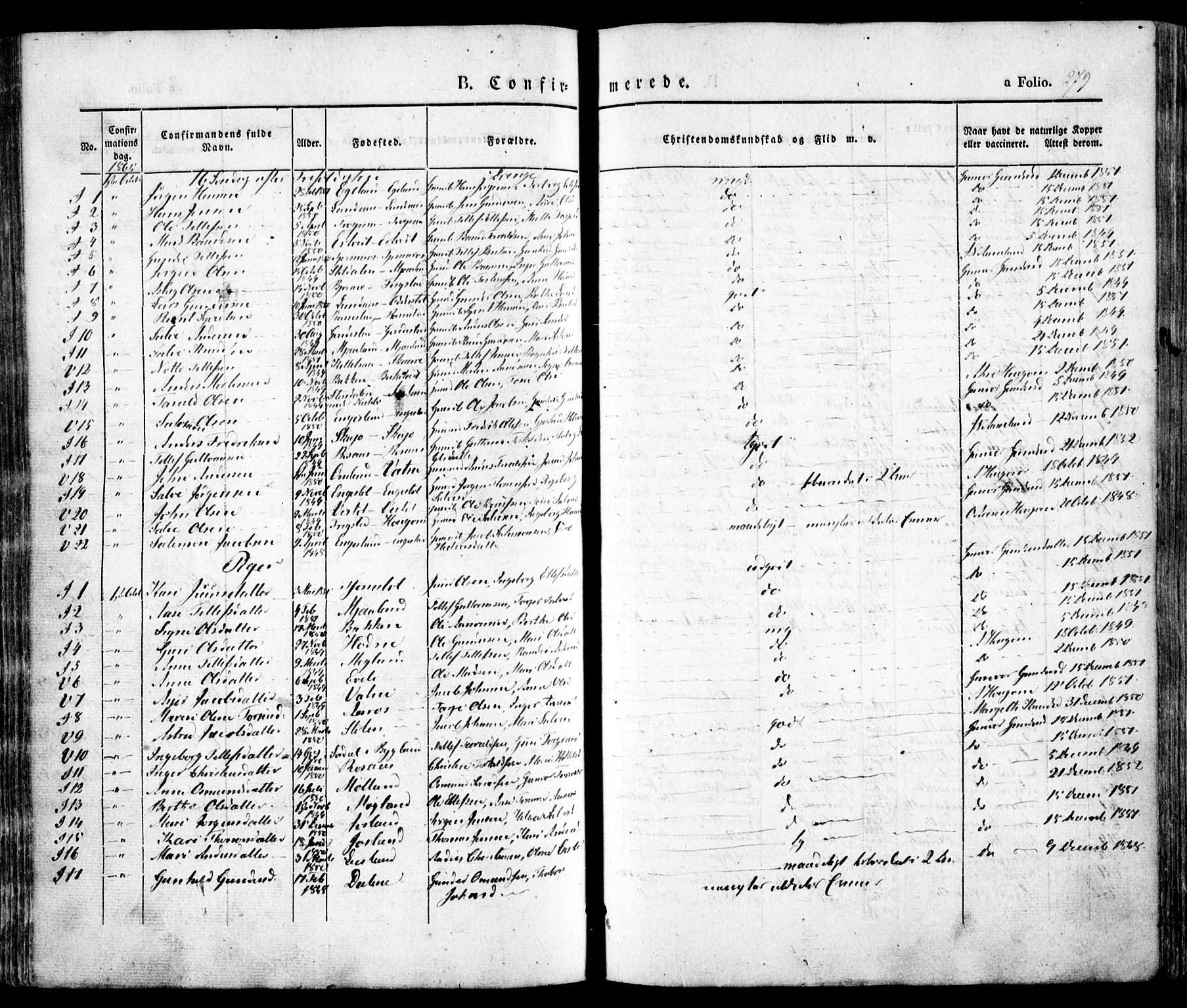 Evje sokneprestkontor, SAK/1111-0008/F/Fa/Faa/L0005: Parish register (official) no. A 5, 1843-1865, p. 279