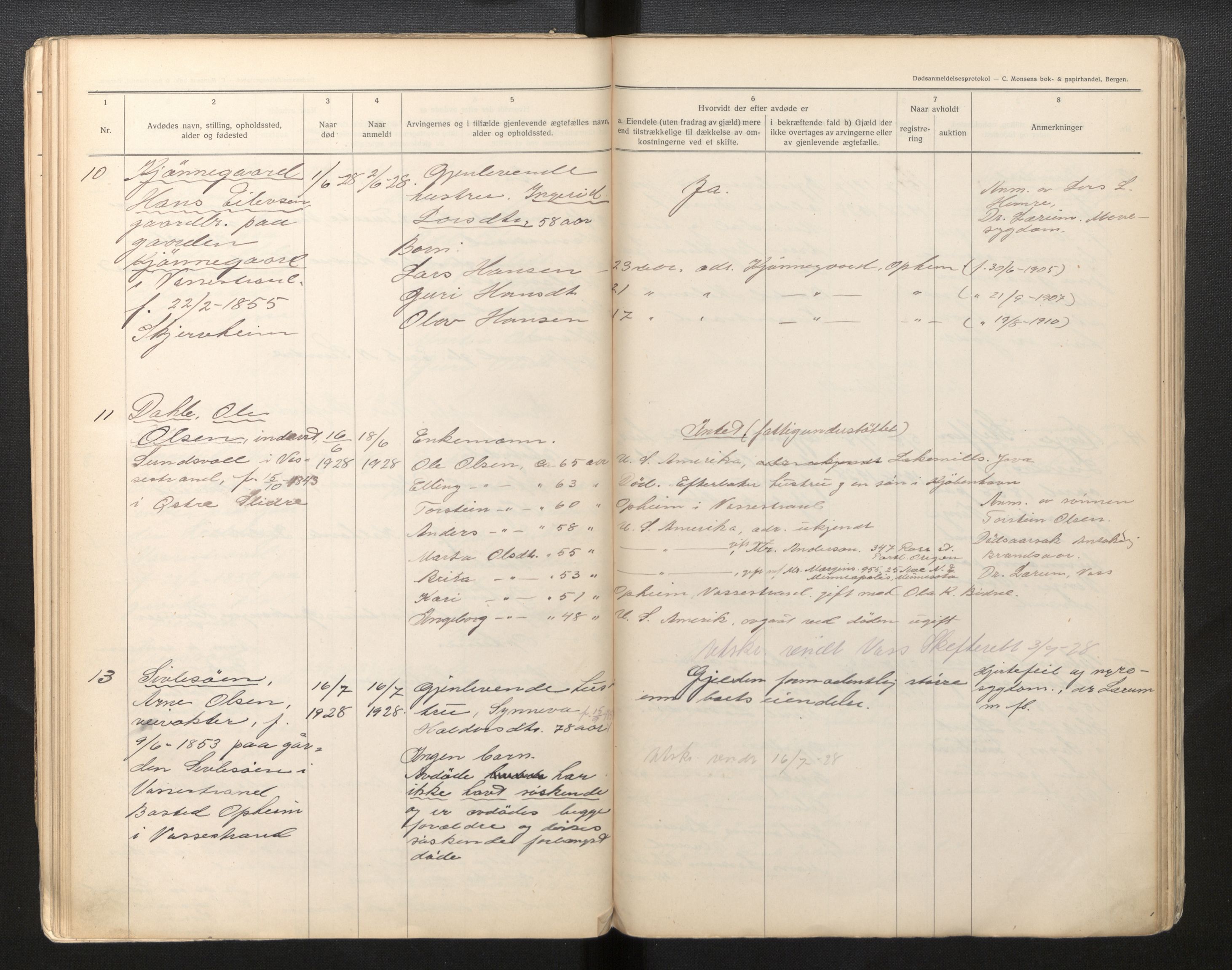 Lensmannen i Vossestrand, AV/SAB-A-35901/0006/L0003: Dødsfallprotokoll, 1917-1934