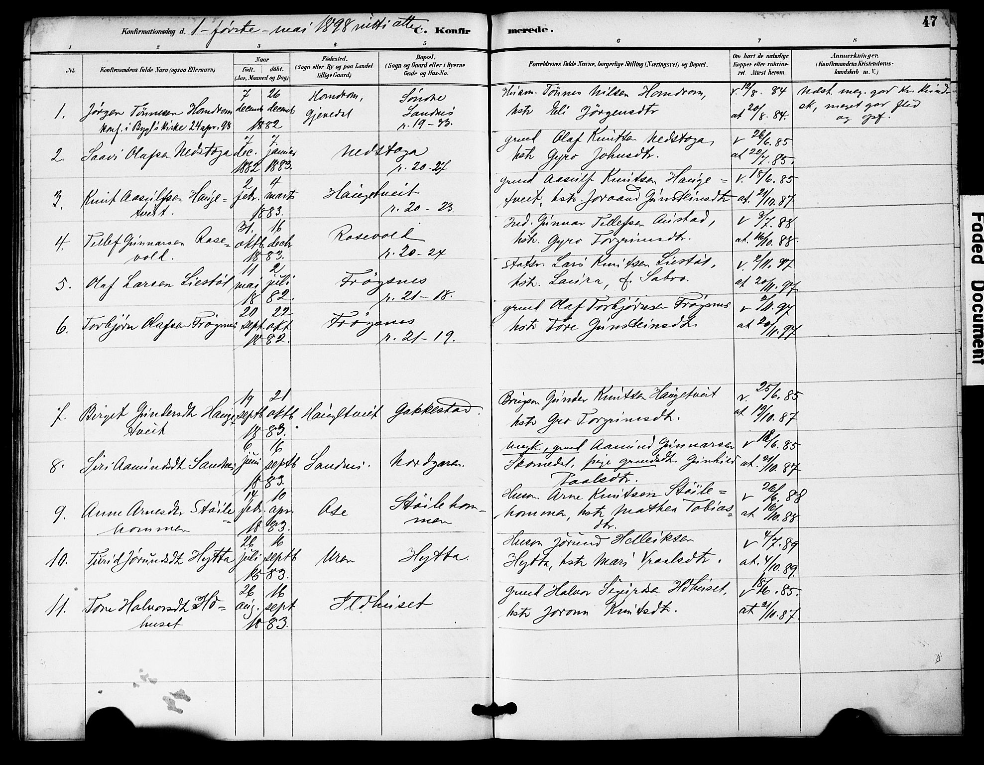 Bygland sokneprestkontor, AV/SAK-1111-0006/F/Fa/Fac/L0001: Parish register (official) no. A 1, 1885-1909, p. 47