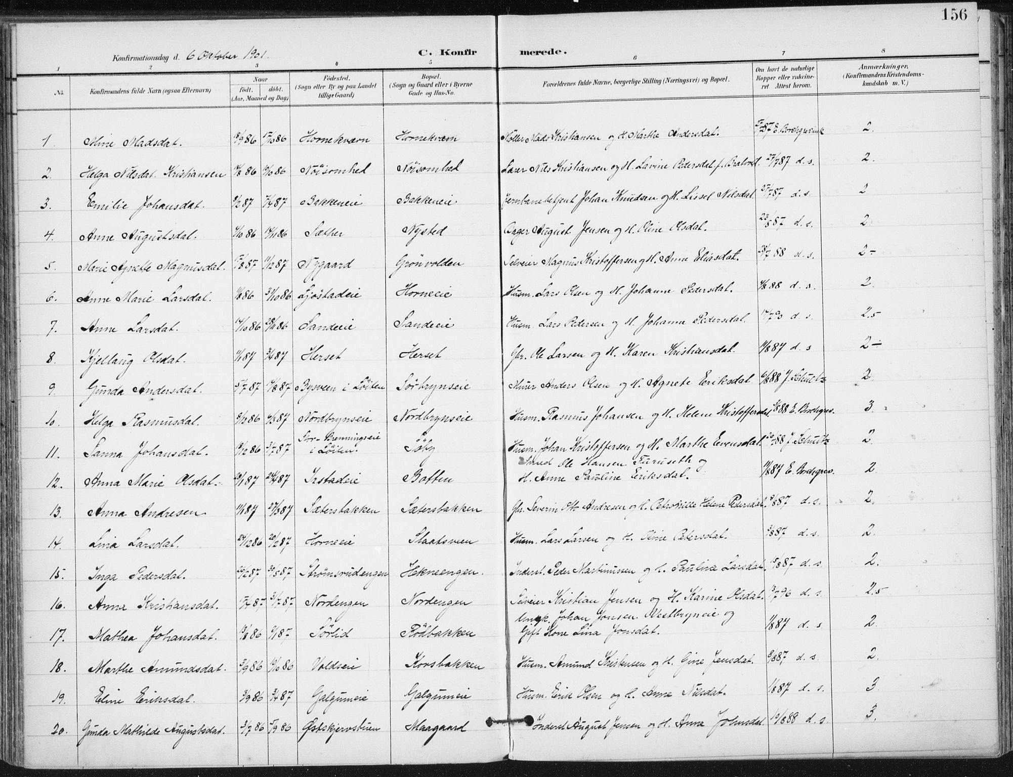 Romedal prestekontor, SAH/PREST-004/K/L0011: Parish register (official) no. 11, 1896-1912, p. 156
