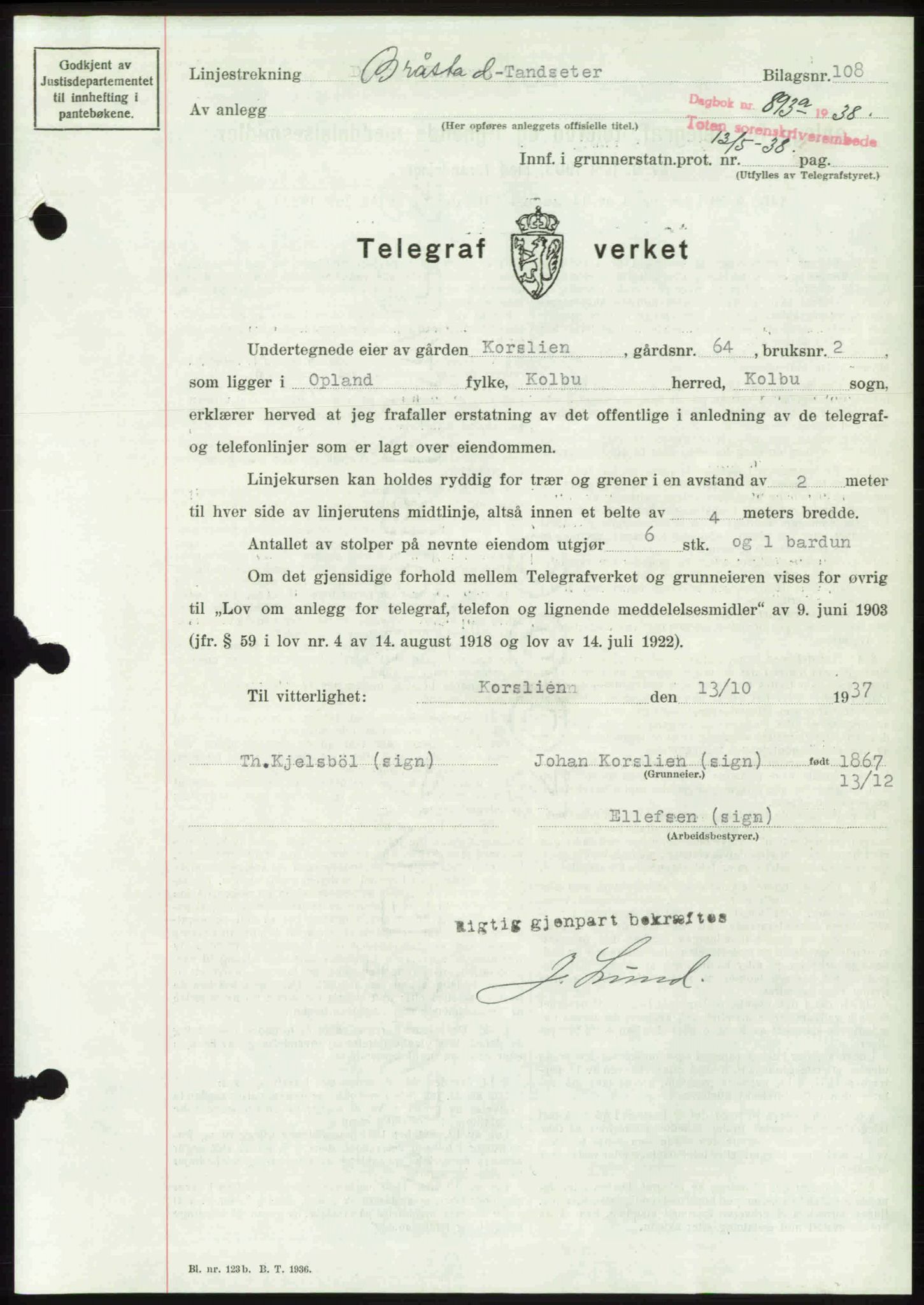 Toten tingrett, SAH/TING-006/H/Hb/Hbc/L0004: Mortgage book no. Hbc-04, 1938-1938, Diary no: : 893/1938