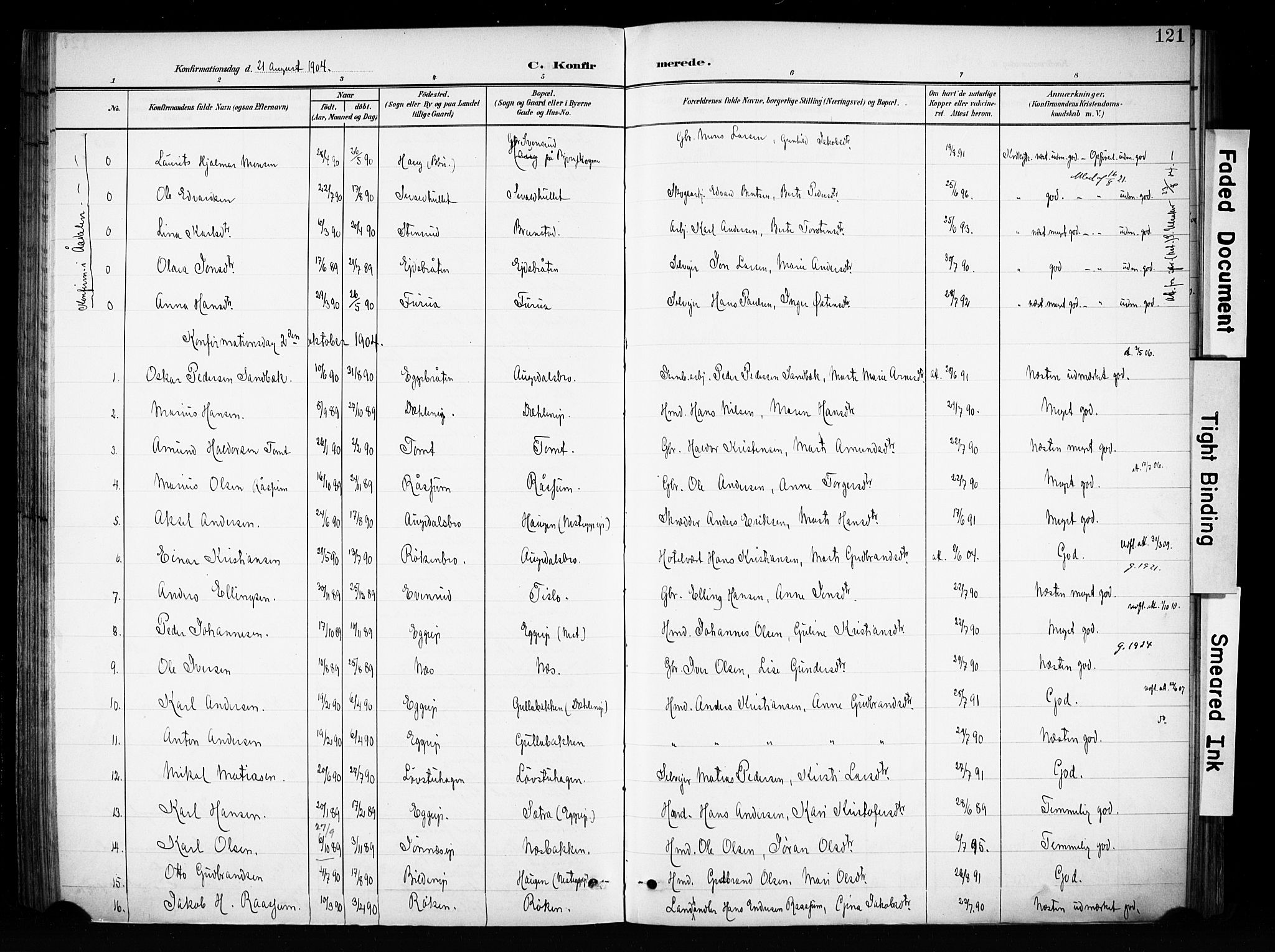 Brandbu prestekontor, SAH/PREST-114/H/Ha/Haa/L0001: Parish register (official) no. 1, 1900-1912, p. 121