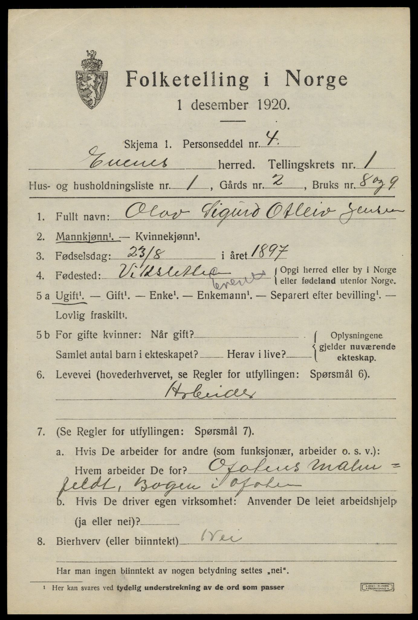 SAT, 1920 census for Evenes, 1920, p. 1742