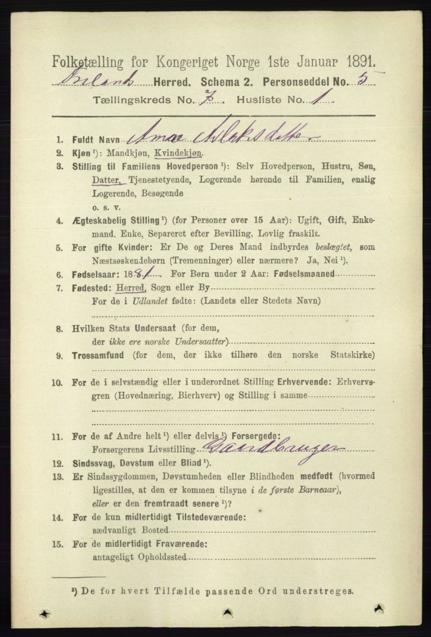 RA, 1891 census for 0919 Froland, 1891, p. 2659