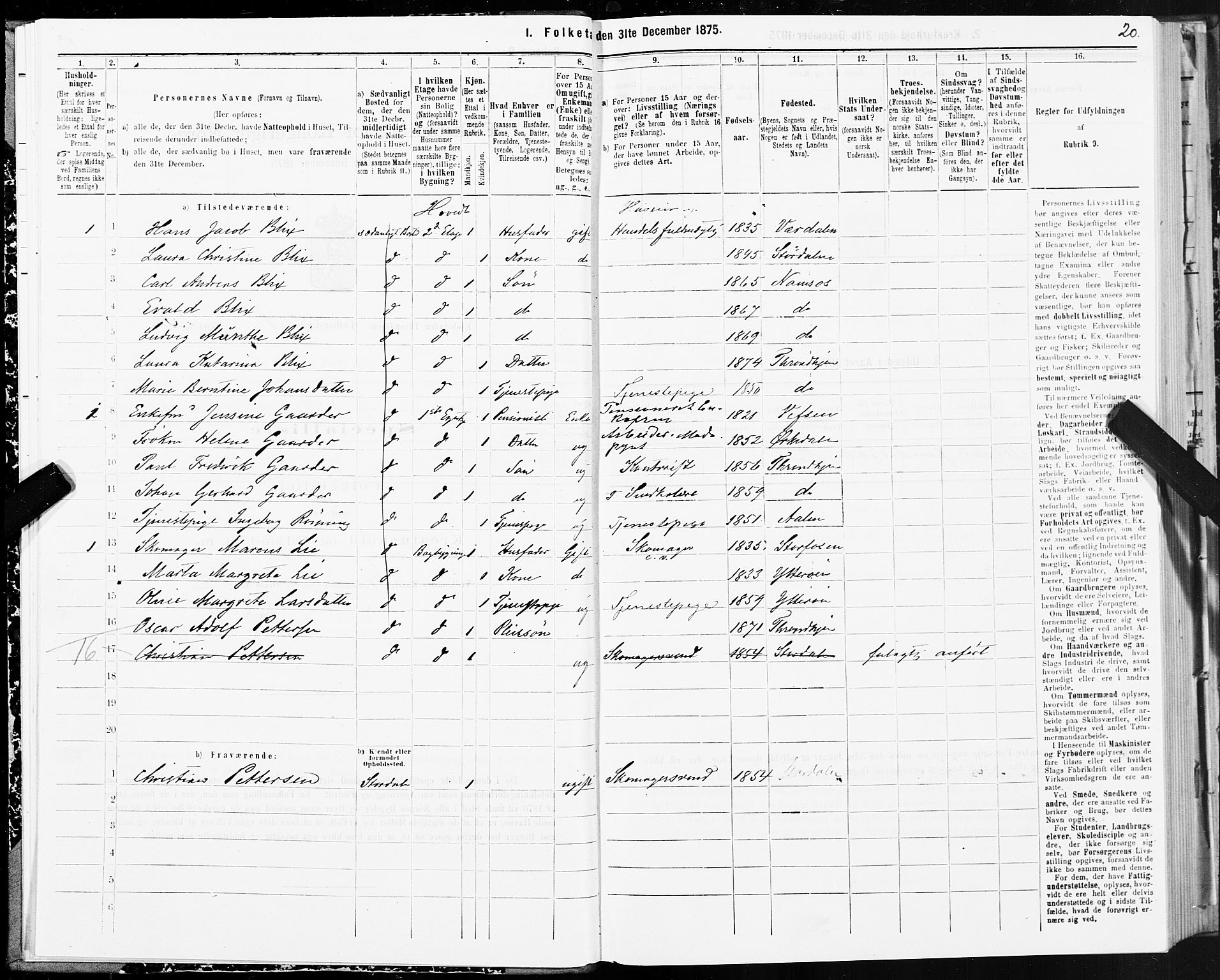 SAT, 1875 census for 1601 Trondheim, 1875, p. 3020