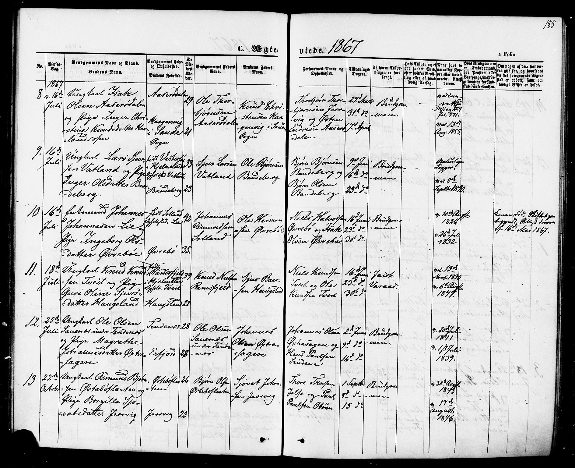 Jelsa sokneprestkontor, AV/SAST-A-101842/01/IV: Parish register (official) no. A 8, 1867-1883, p. 185