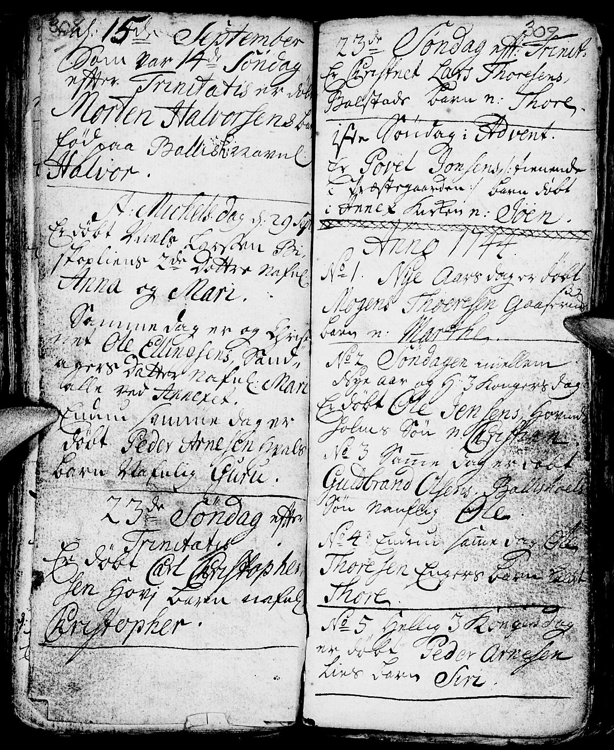 Nes prestekontor, Hedmark, AV/SAH-PREST-020/L/La/L0001: Parish register (copy) no. 1, 1663-1784, p. 308-309