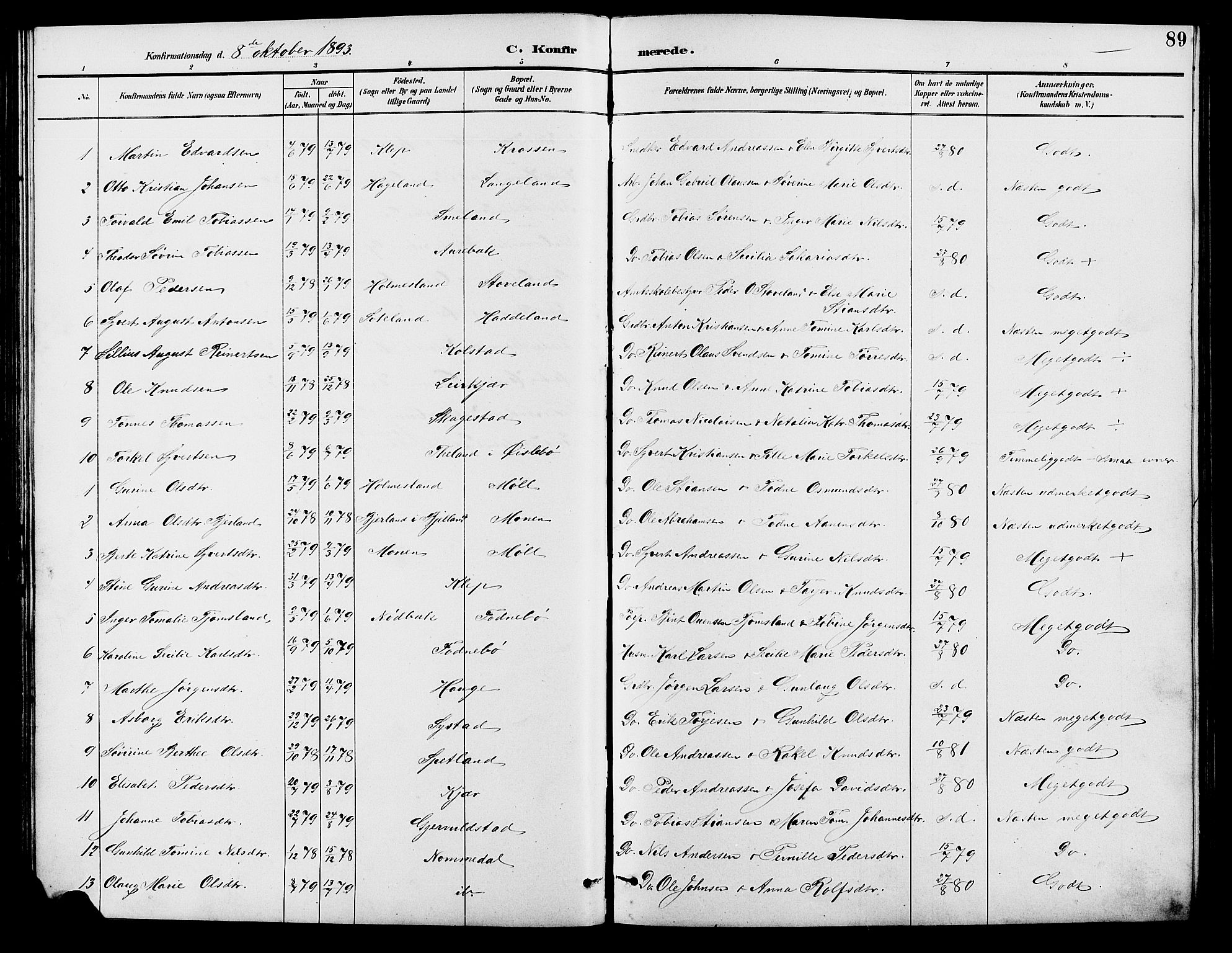 Holum sokneprestkontor, SAK/1111-0022/F/Fb/Fba/L0005: Parish register (copy) no. B 5, 1891-1909, p. 89