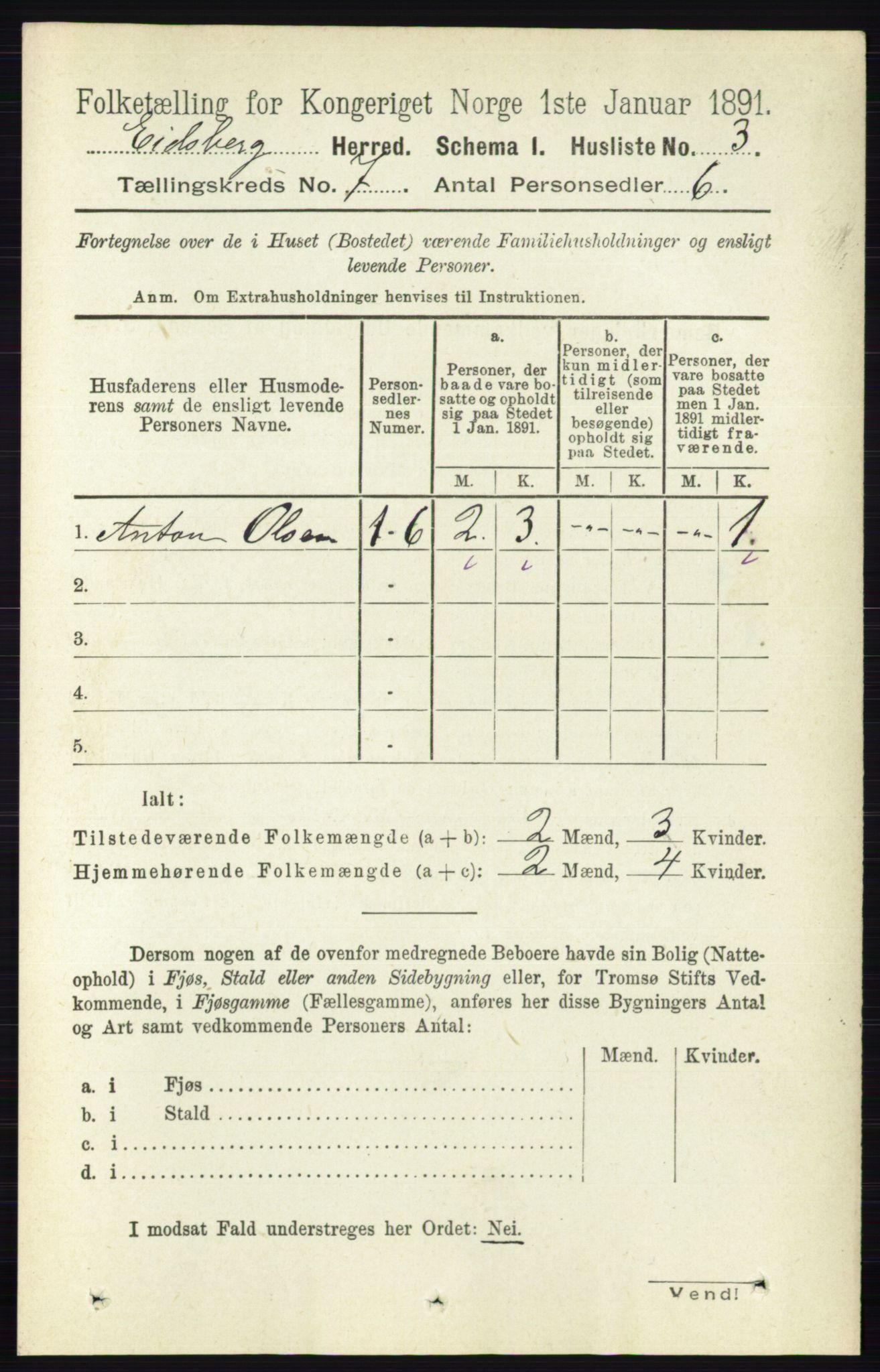 RA, 1891 census for 0125 Eidsberg, 1891, p. 4007