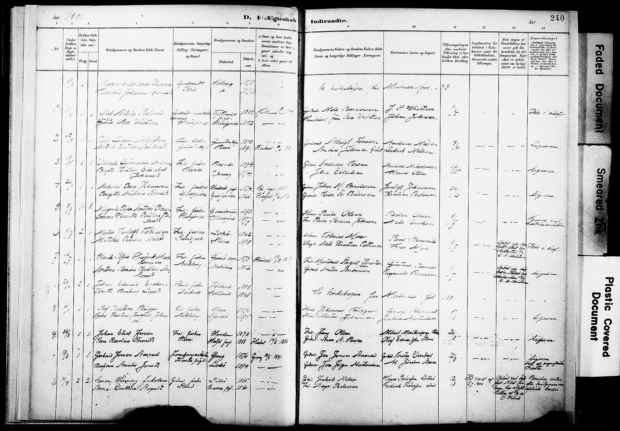 Ministerialprotokoller, klokkerbøker og fødselsregistre - Nordland, AV/SAT-A-1459/891/L1305: Parish register (official) no. 891A10, 1895-1921, p. 240