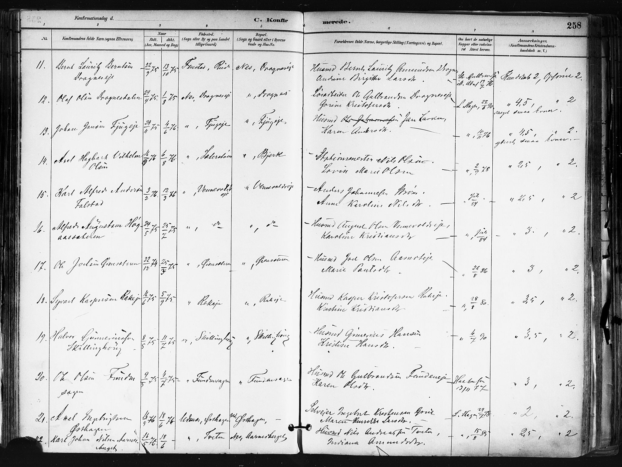 Nes prestekontor Kirkebøker, SAO/A-10410/F/Fa/L0010: Parish register (official) no. I 10, 1883-1898, p. 258