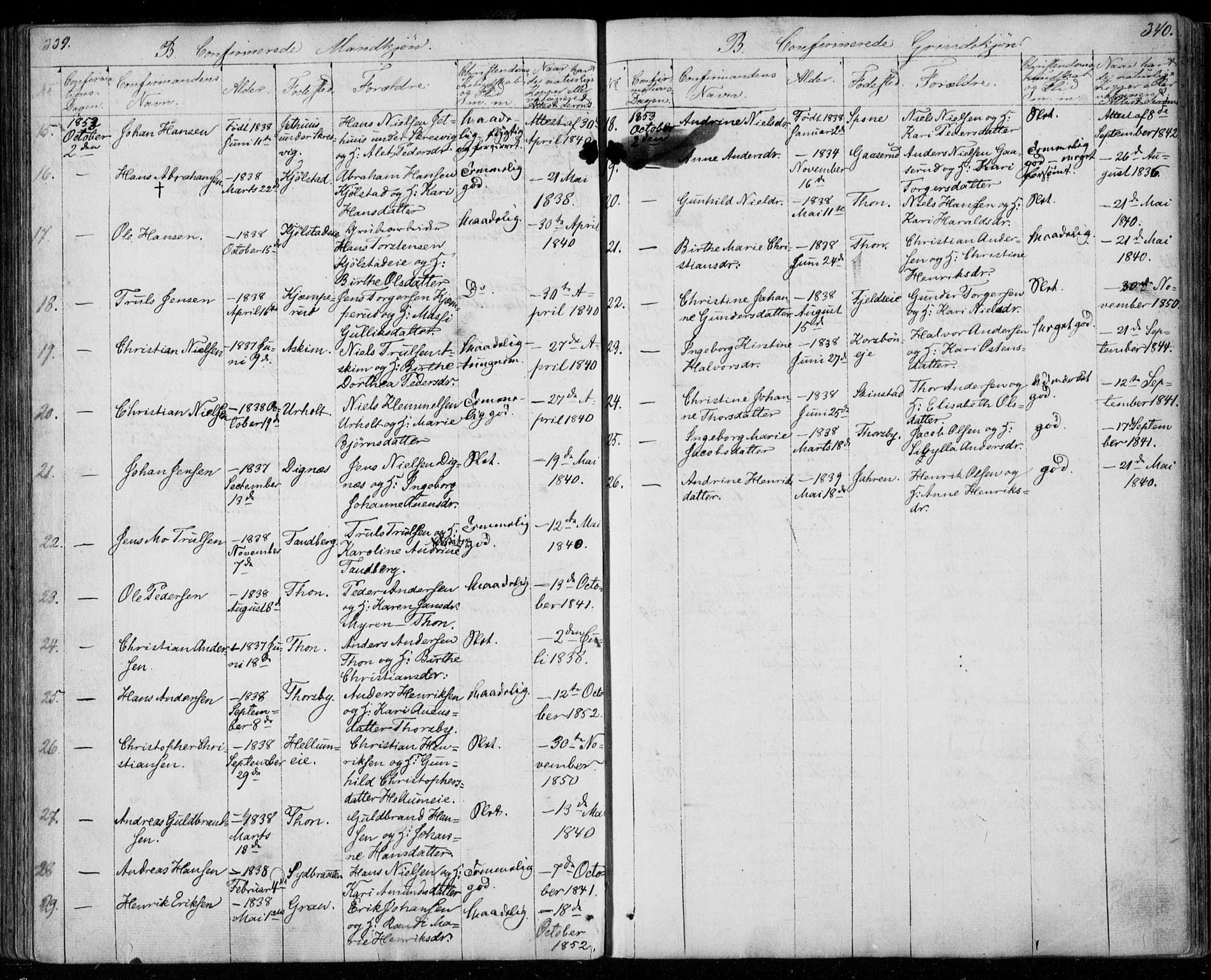 Modum kirkebøker, AV/SAKO-A-234/F/Fa/L0008: Parish register (official) no. 8, 1851-1859, p. 339-340