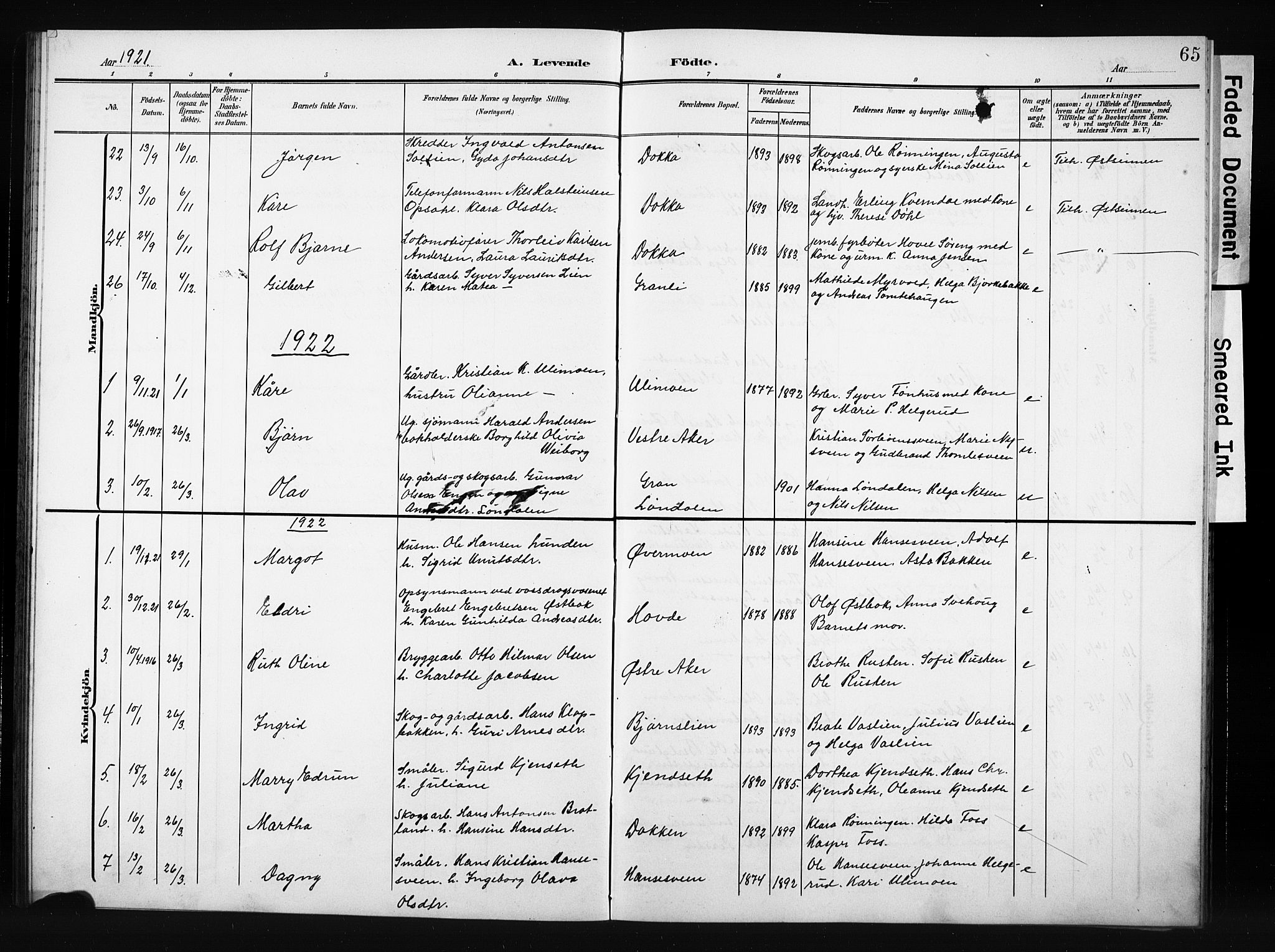 Nordre Land prestekontor, SAH/PREST-124/H/Ha/Hab/L0006: Parish register (copy) no. 6, 1905-1929, p. 65