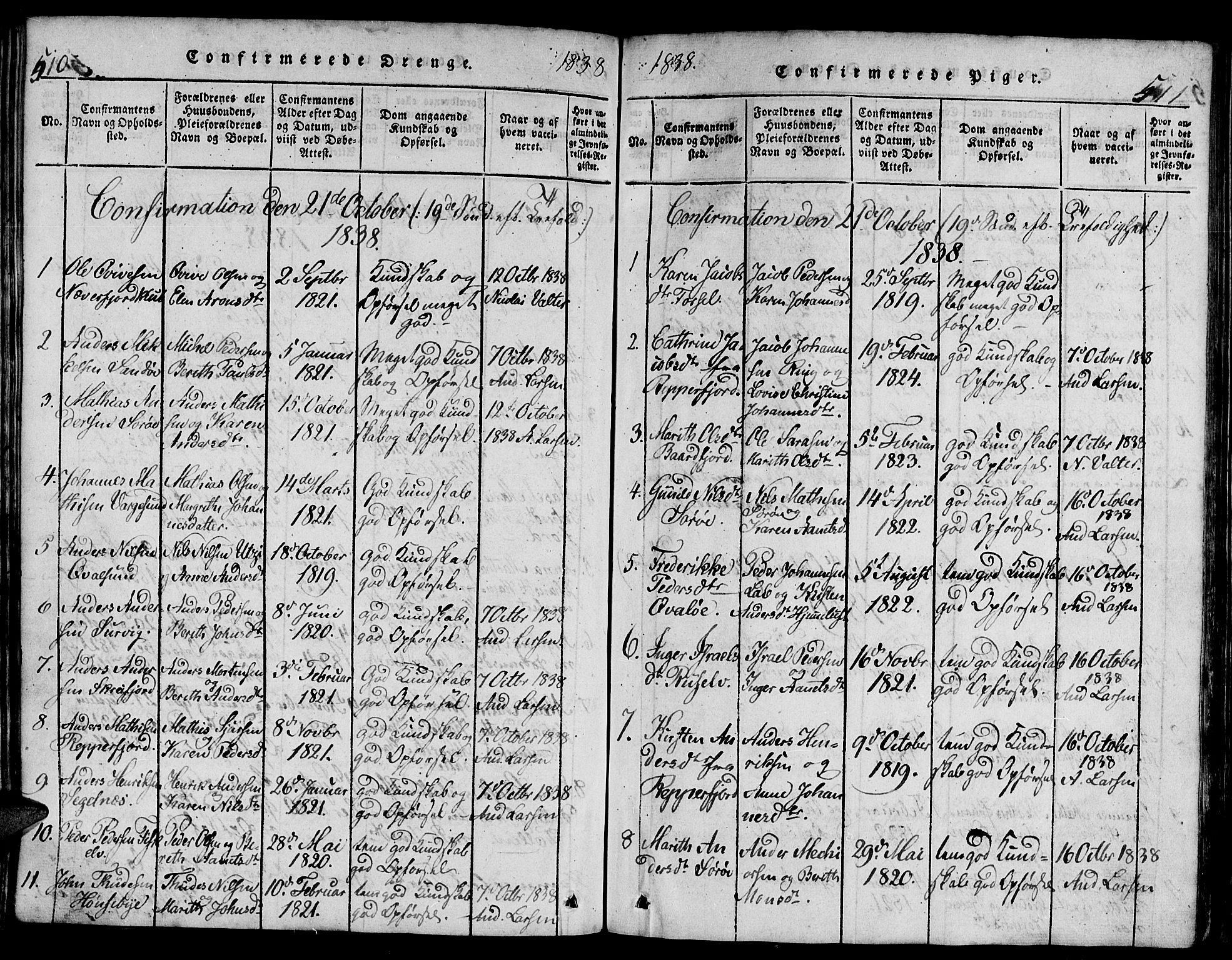 Hammerfest sokneprestkontor, SATØ/S-1347/H/Hb/L0001.klokk: Parish register (copy) no. 1, 1822-1850, p. 510-511