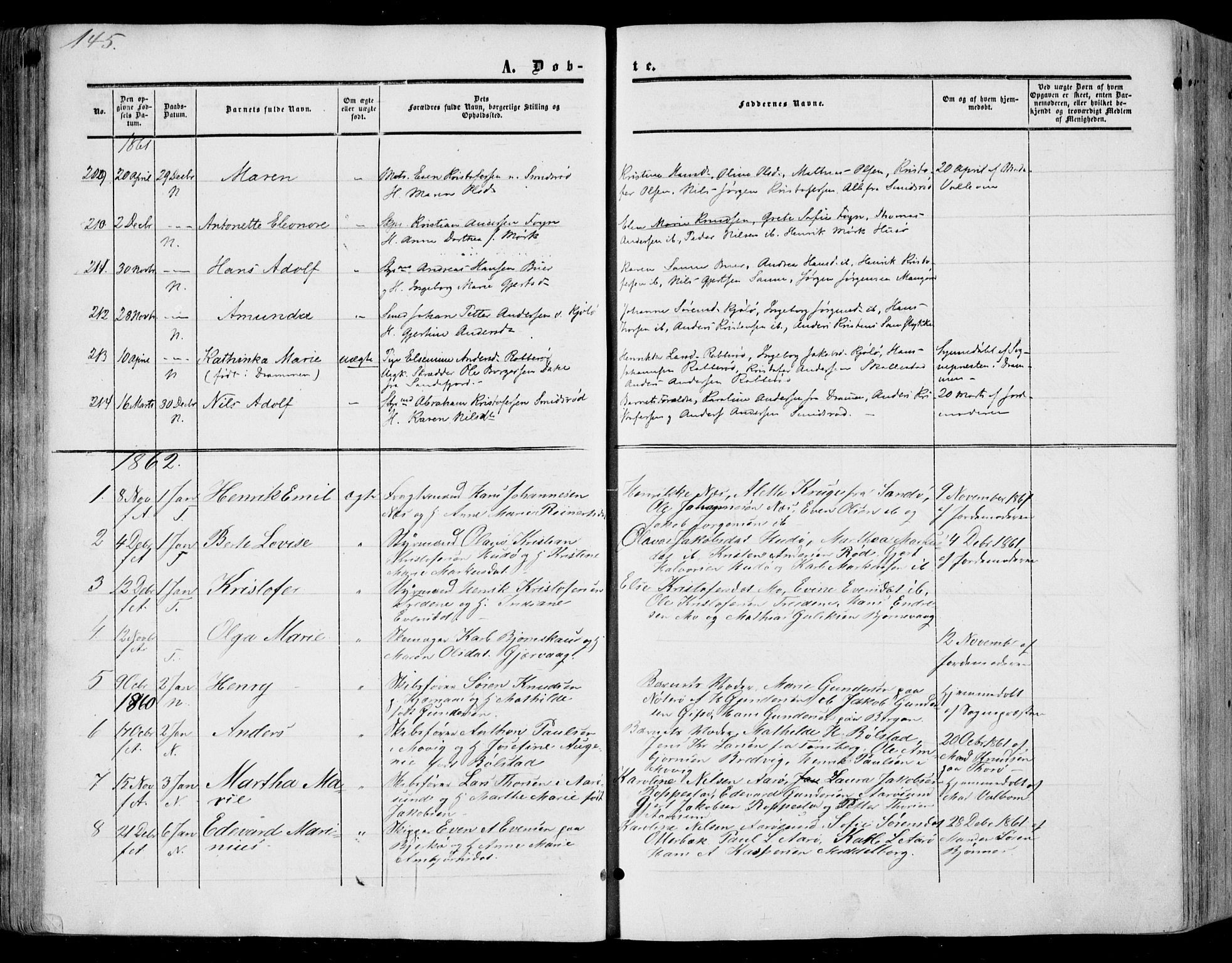 Nøtterøy kirkebøker, SAKO/A-354/F/Fa/L0006: Parish register (official) no. I 6, 1852-1864, p. 145