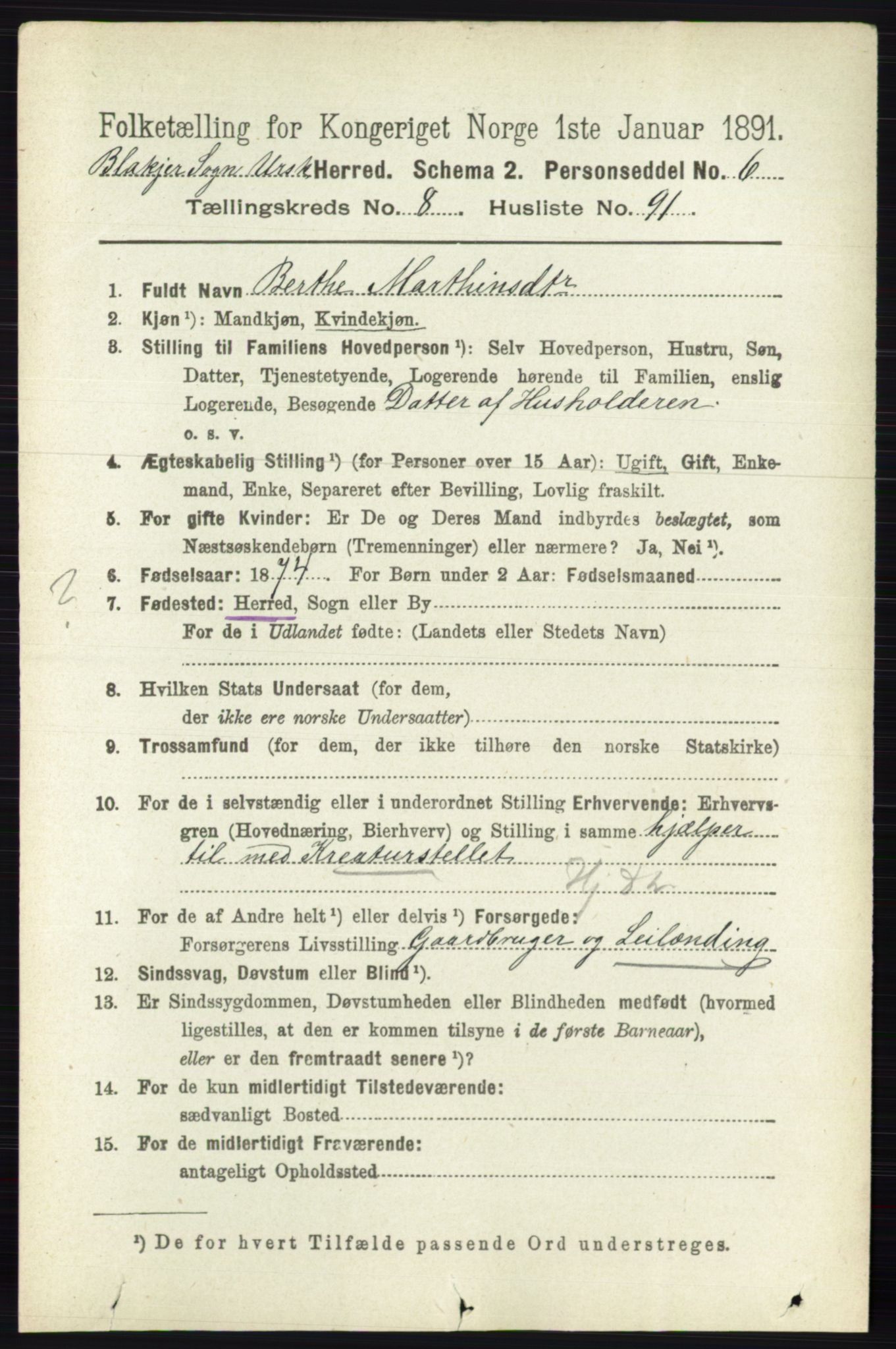 RA, 1891 census for 0224 Aurskog, 1891, p. 4415