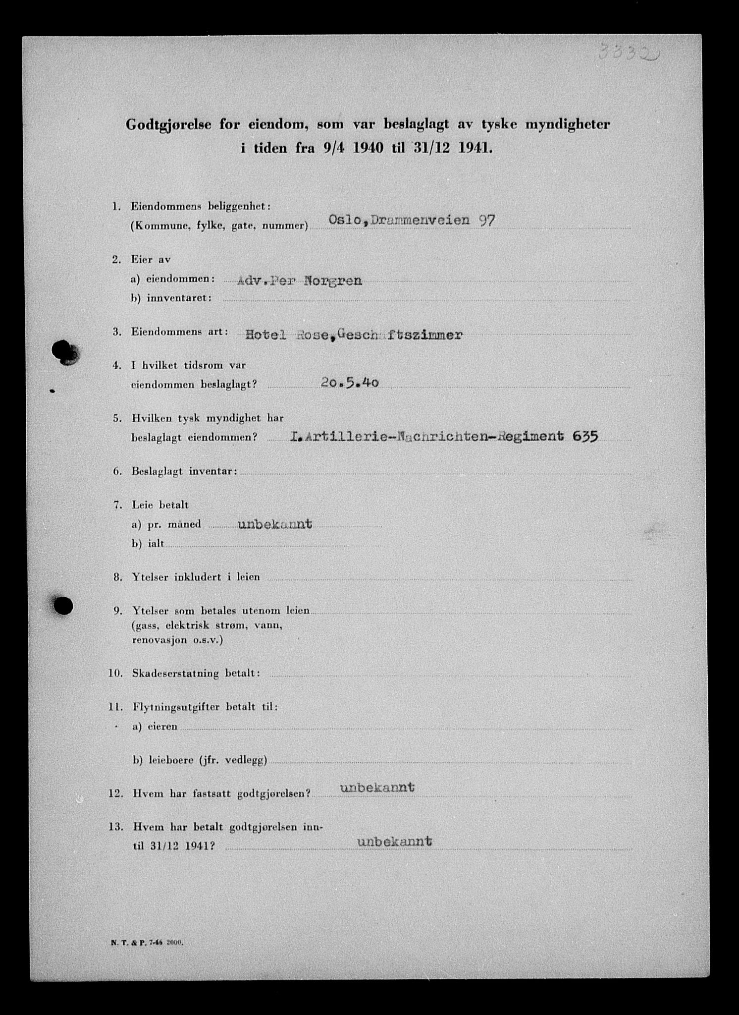 Justisdepartementet, Tilbakeføringskontoret for inndratte formuer, AV/RA-S-1564/I/L1011: Godtgjørelse for beslaglagt eiendom, 1940-1941, p. 305