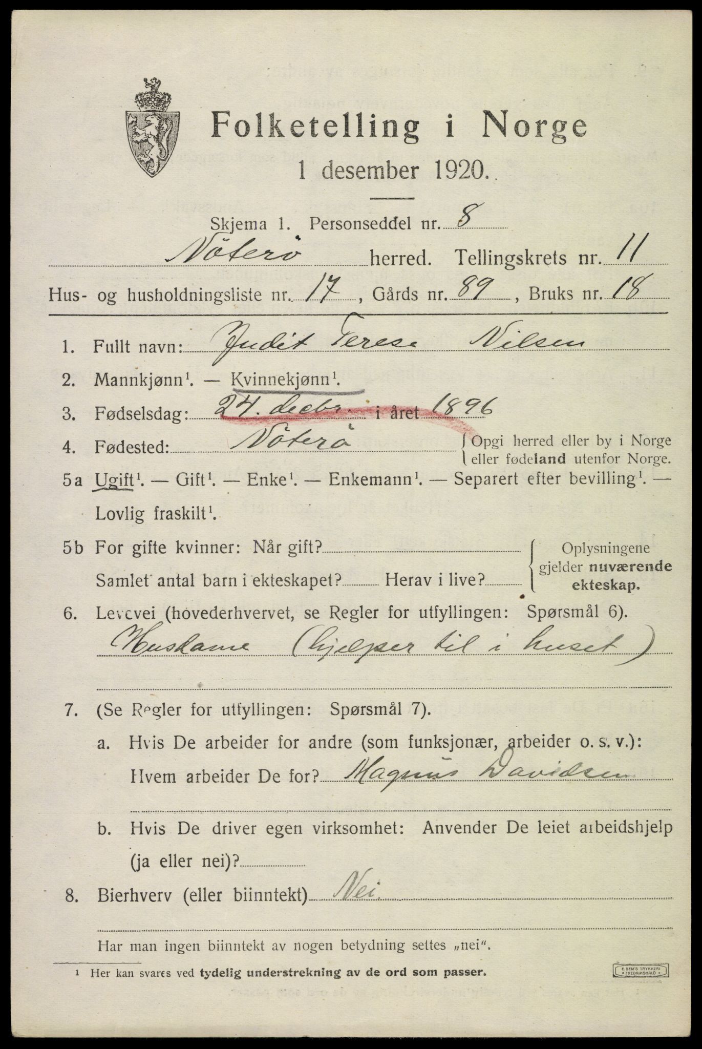 SAKO, 1920 census for Nøtterøy, 1920, p. 13725