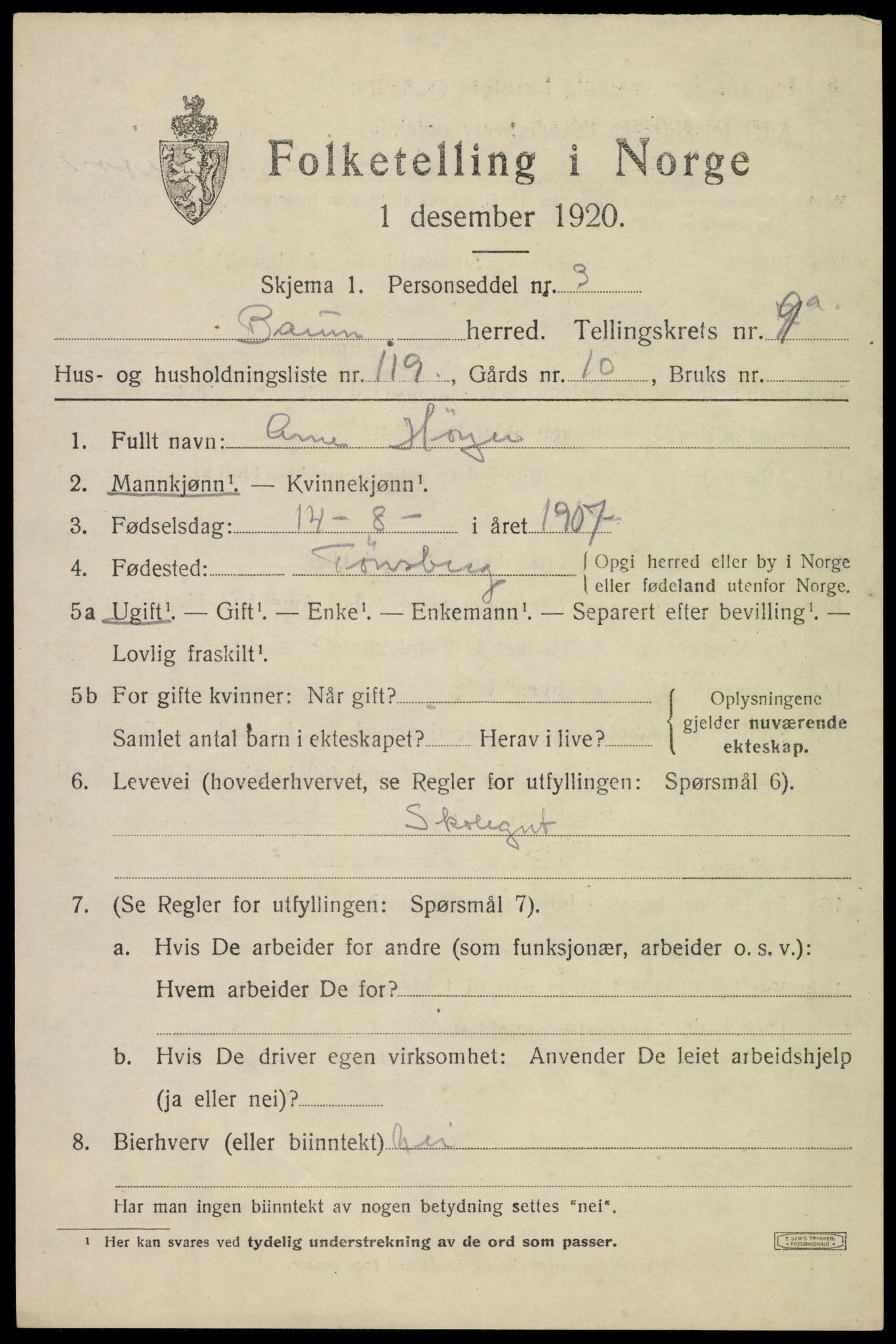 SAO, 1920 census for Bærum, 1920, p. 20372