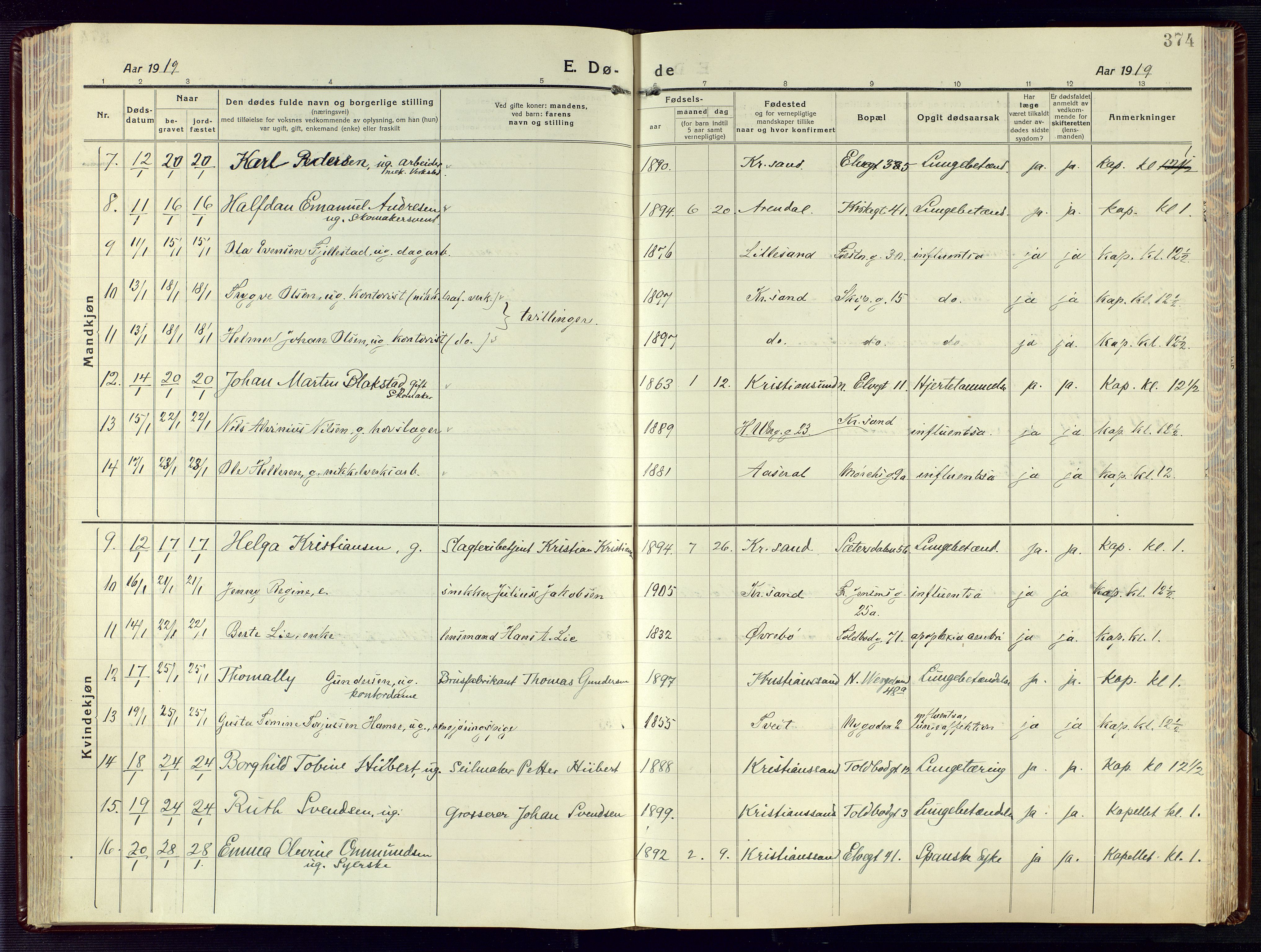 Kristiansand domprosti, SAK/1112-0006/F/Fa/L0028: Parish register (official) no. A 27, 1917-1926, p. 374