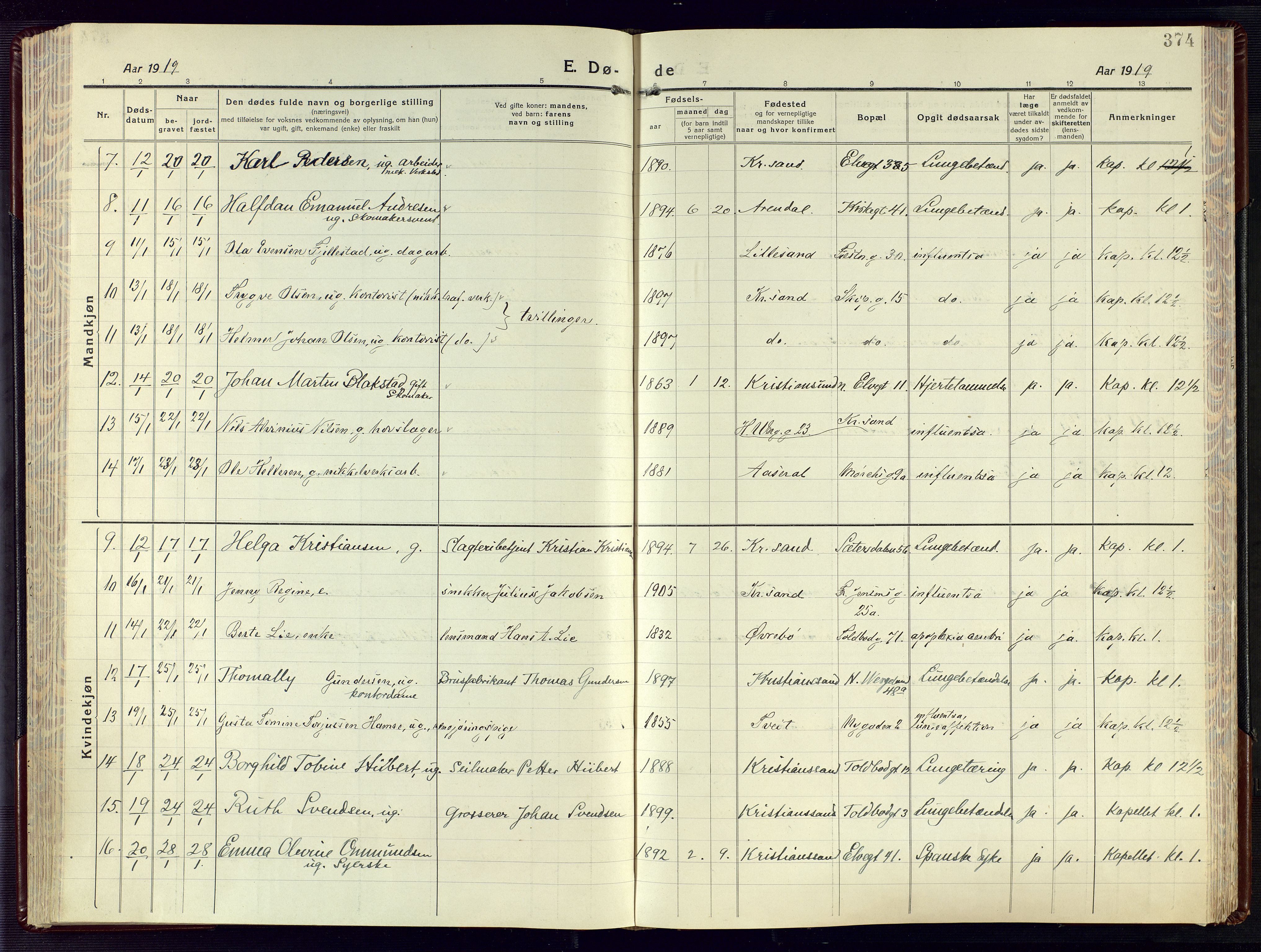 Kristiansand domprosti, AV/SAK-1112-0006/F/Fa/L0028: Parish register (official) no. A 27, 1917-1926, p. 374