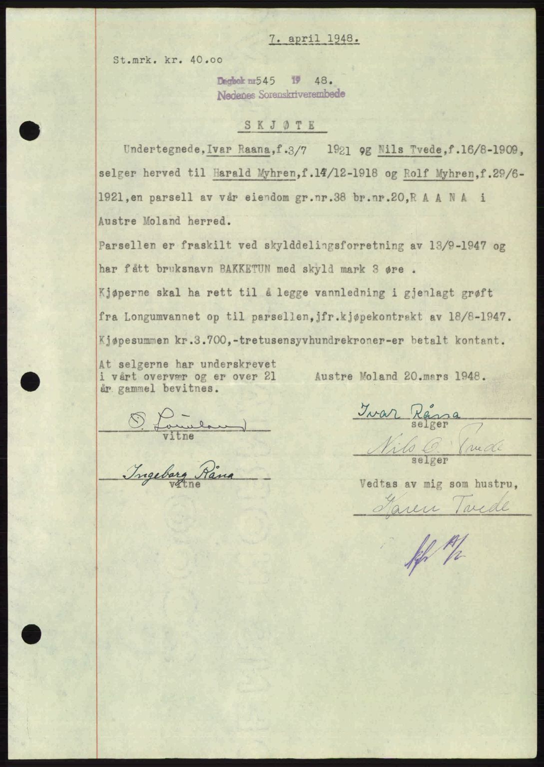 Nedenes sorenskriveri, AV/SAK-1221-0006/G/Gb/Gba/L0059: Mortgage book no. A11, 1948-1948, Diary no: : 545/1948