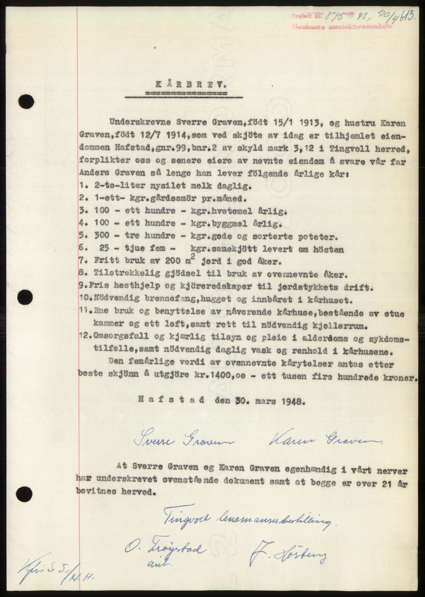 Nordmøre sorenskriveri, AV/SAT-A-4132/1/2/2Ca: Mortgage book no. B98, 1948-1948, Diary no: : 875/1948