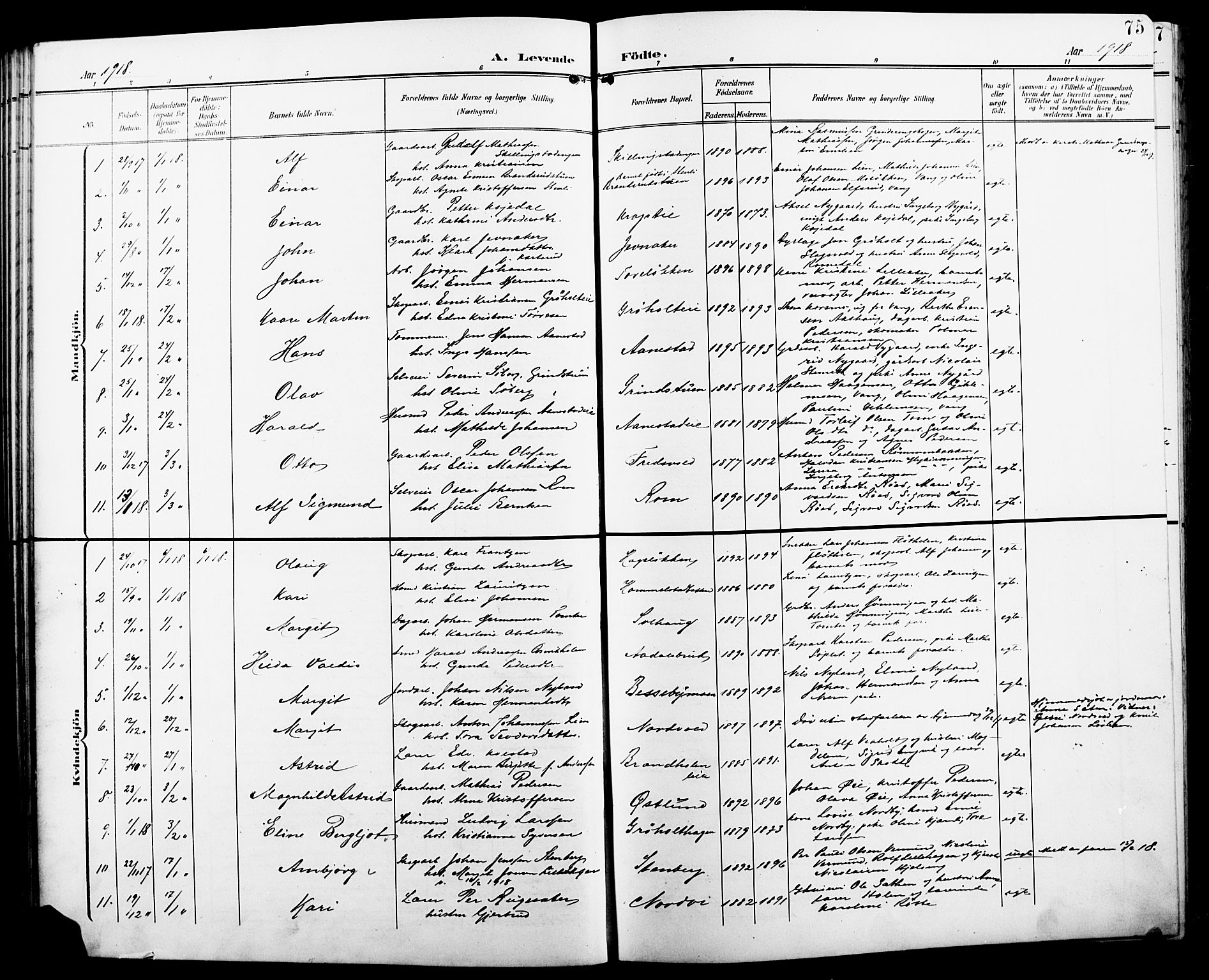 Løten prestekontor, SAH/PREST-022/L/La/L0007: Parish register (copy) no. 7, 1910-1919, p. 75
