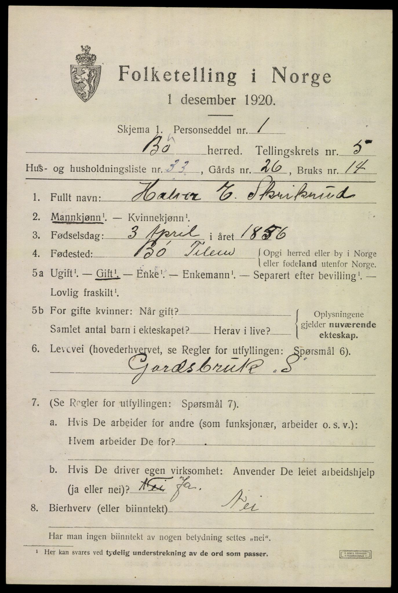 SAKO, 1920 census for Bø (Telemark), 1920, p. 4030