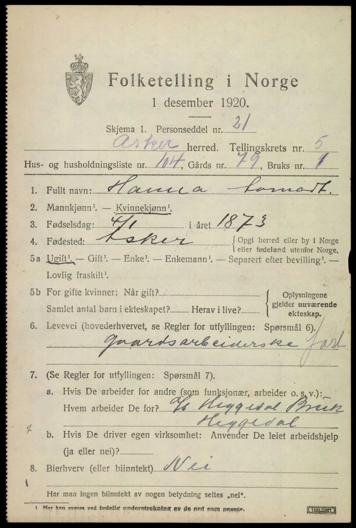 SAO, 1920 census for Asker, 1920, p. 14068