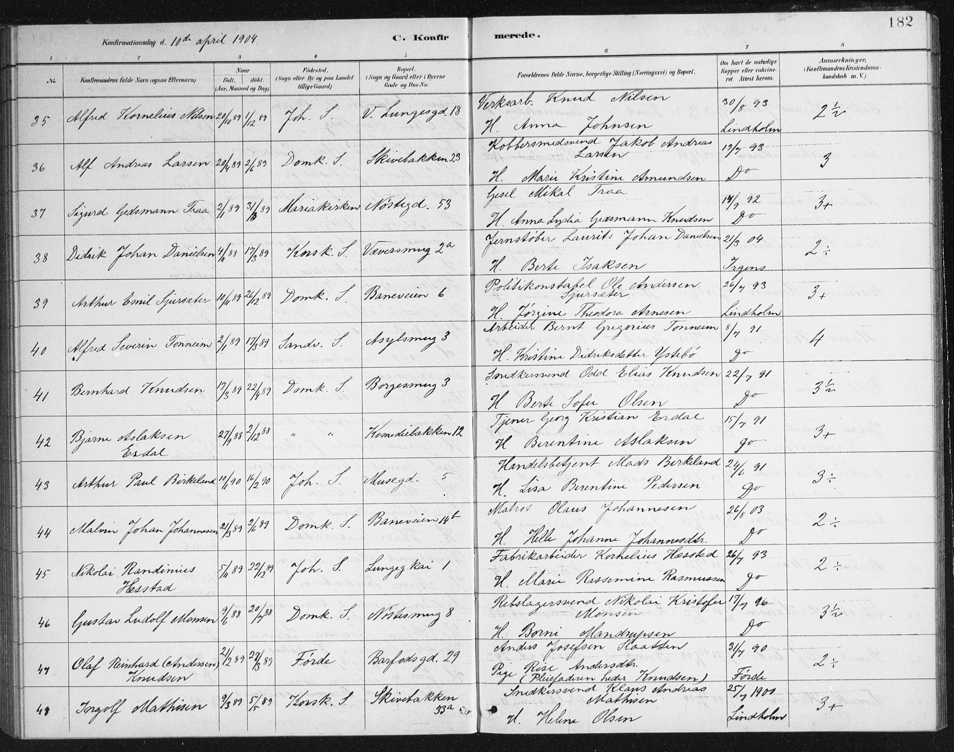 Domkirken sokneprestembete, SAB/A-74801/H/Haa/L0066: Curate's parish register no. A 4, 1880-1912, p. 182