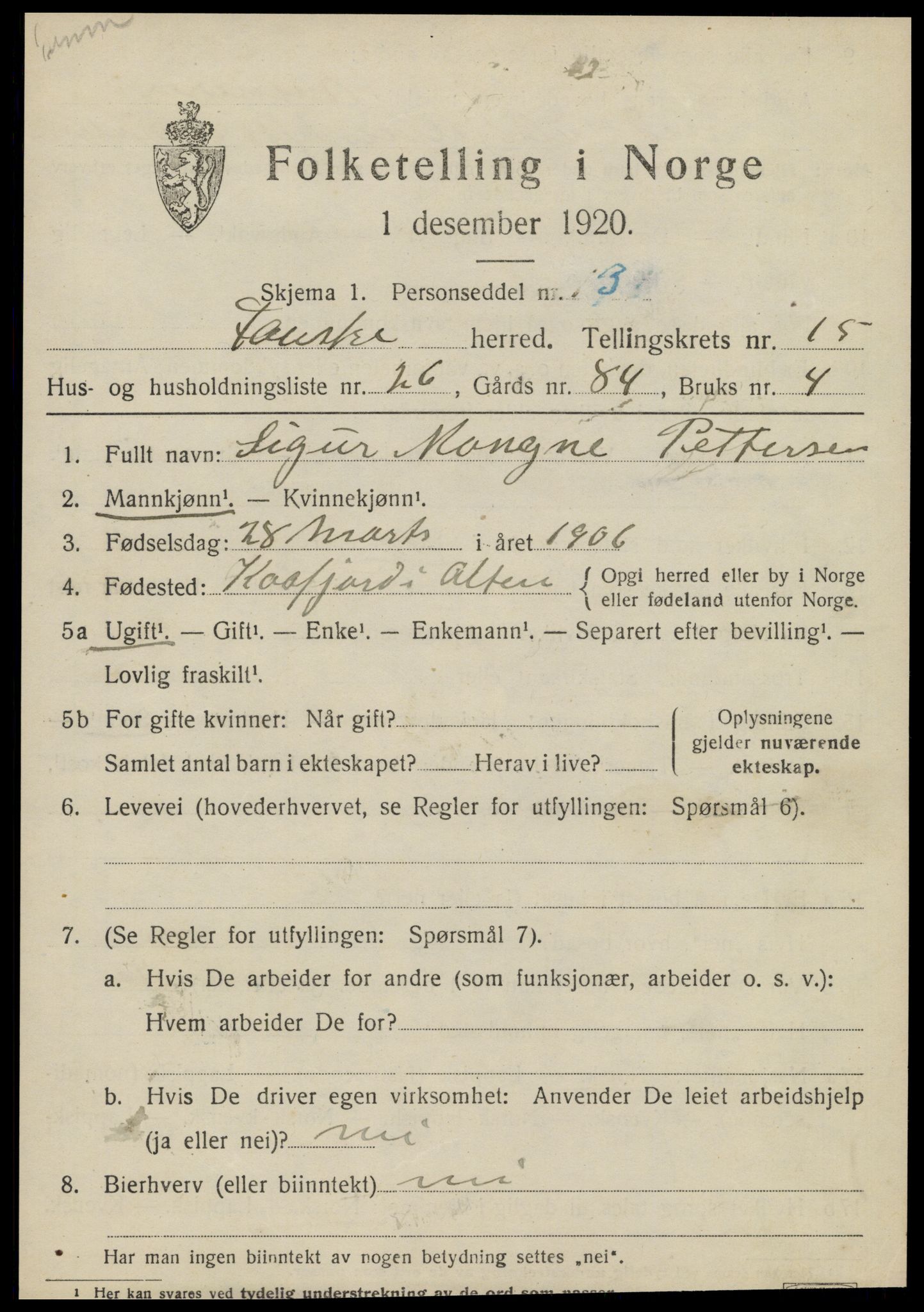 SAT, 1920 census for Fauske, 1920, p. 9628