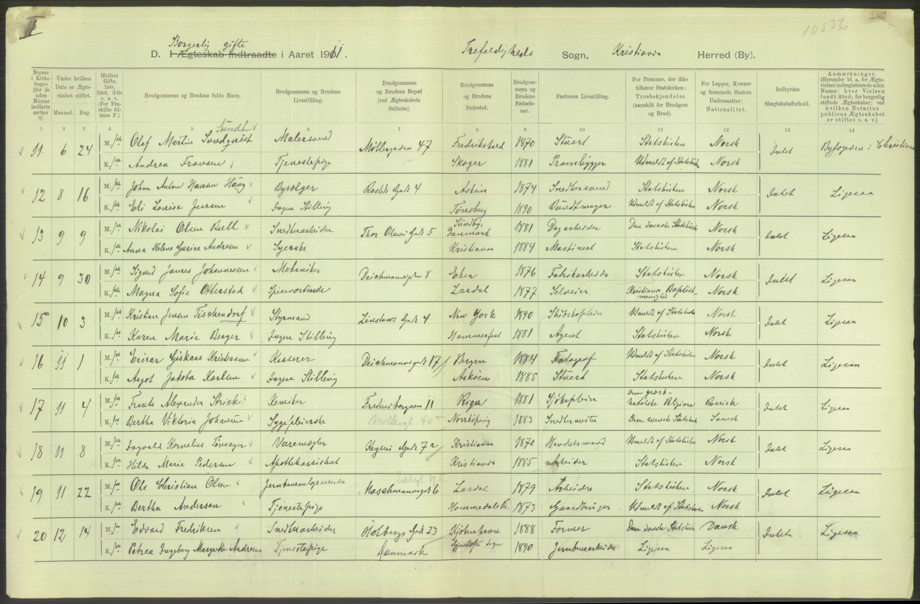 Statistisk sentralbyrå, Sosiodemografiske emner, Befolkning, AV/RA-S-2228/D/Df/Dfb/Dfba/L0008: Kristiania: Gifte, 1911, p. 614