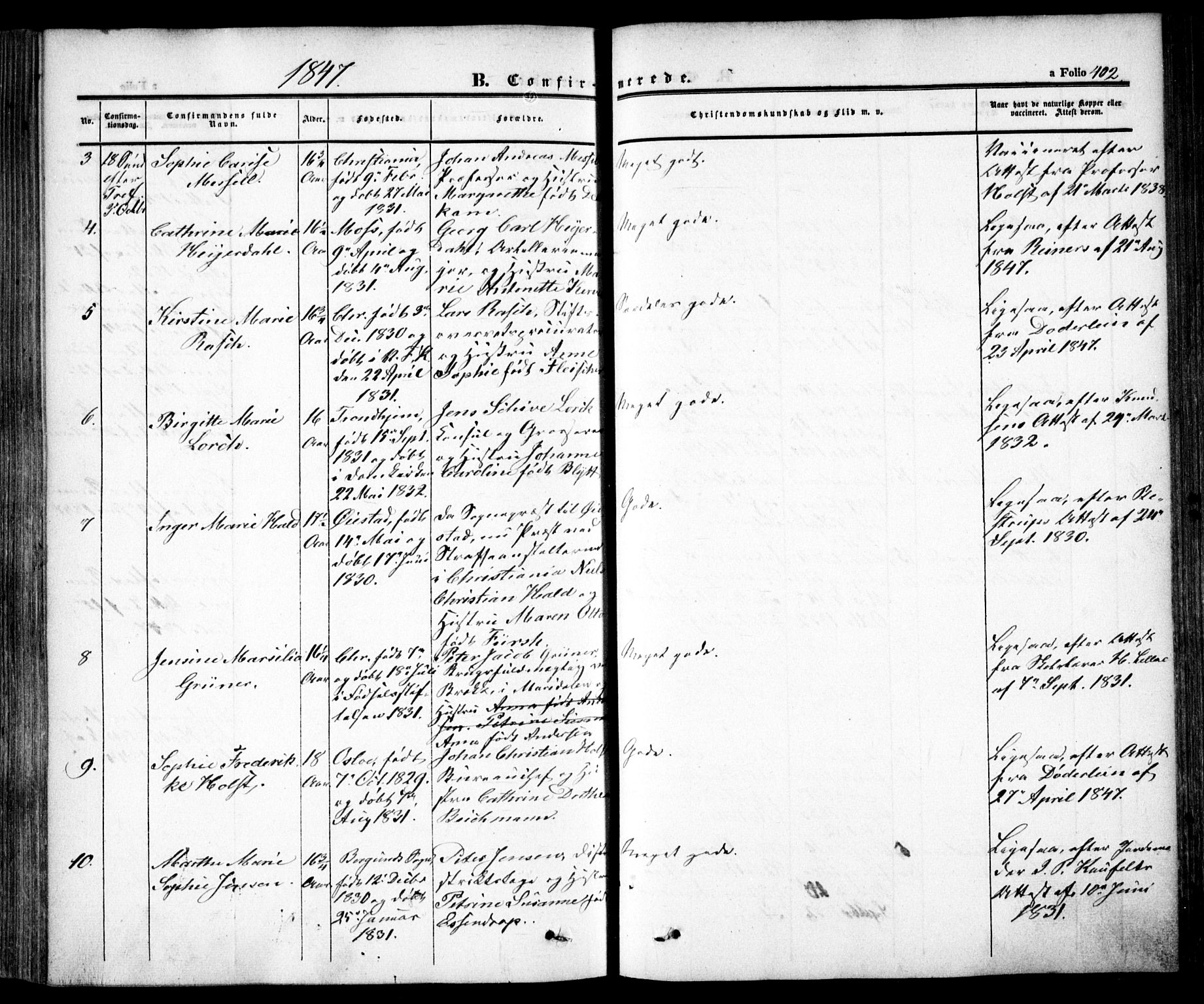 Oslo domkirke Kirkebøker, SAO/A-10752/F/Fa/L0013: Parish register (official) no. 13, 1844-1864, p. 402