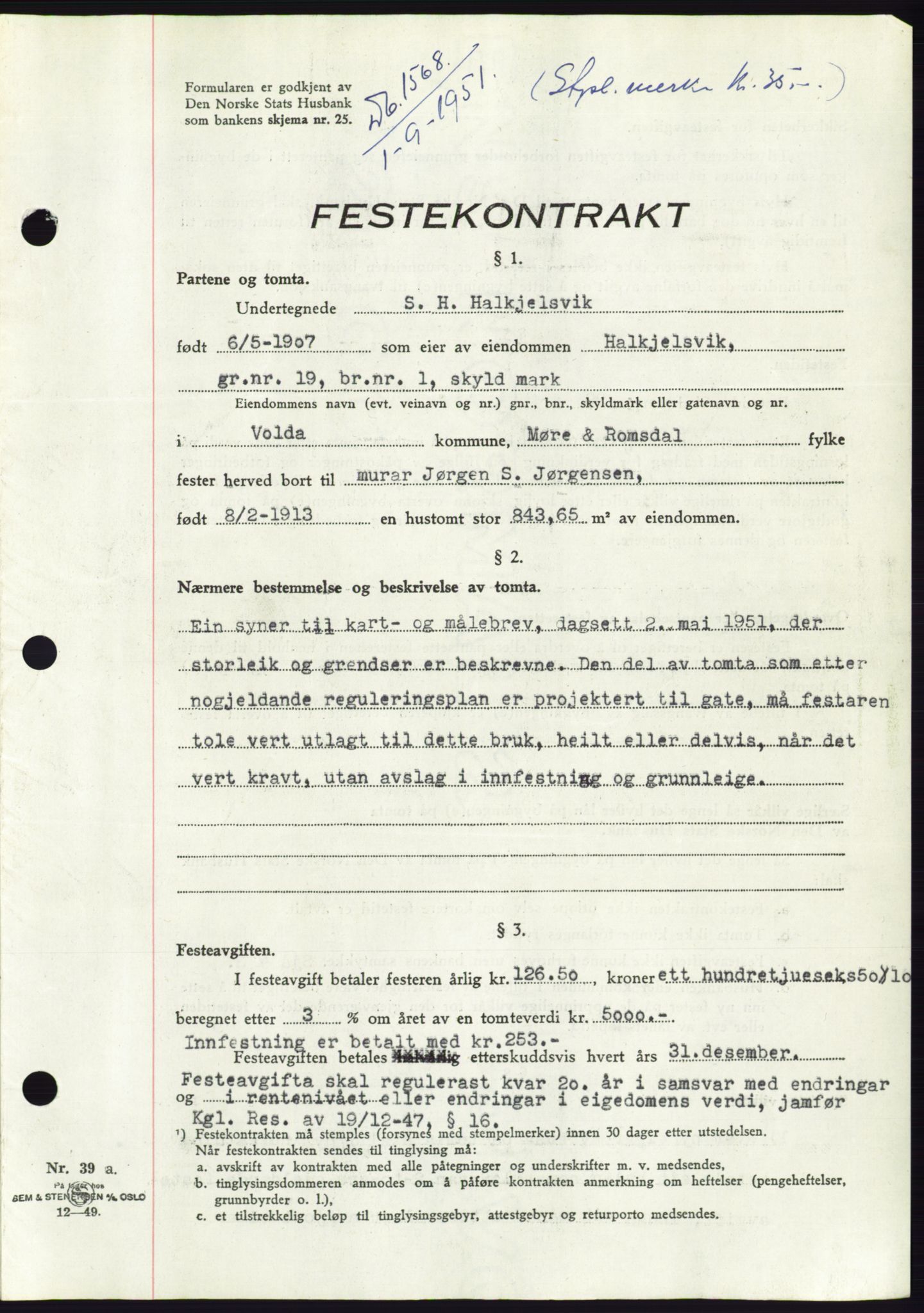 Søre Sunnmøre sorenskriveri, AV/SAT-A-4122/1/2/2C/L0089: Mortgage book no. 15A, 1951-1951, Diary no: : 1568/1951