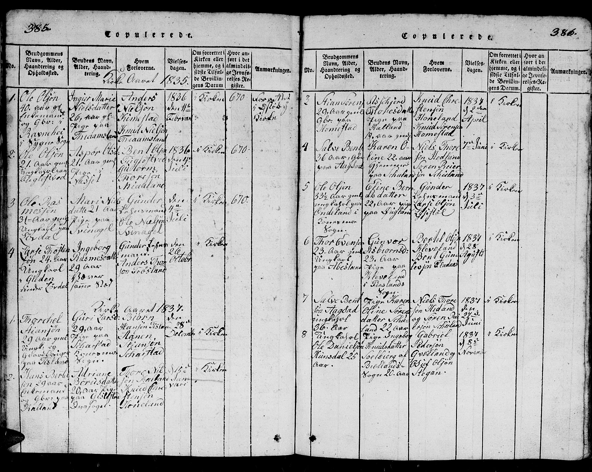 Holum sokneprestkontor, AV/SAK-1111-0022/F/Fb/Fbb/L0001: Parish register (copy) no. B 1, 1820-1847, p. 385-386