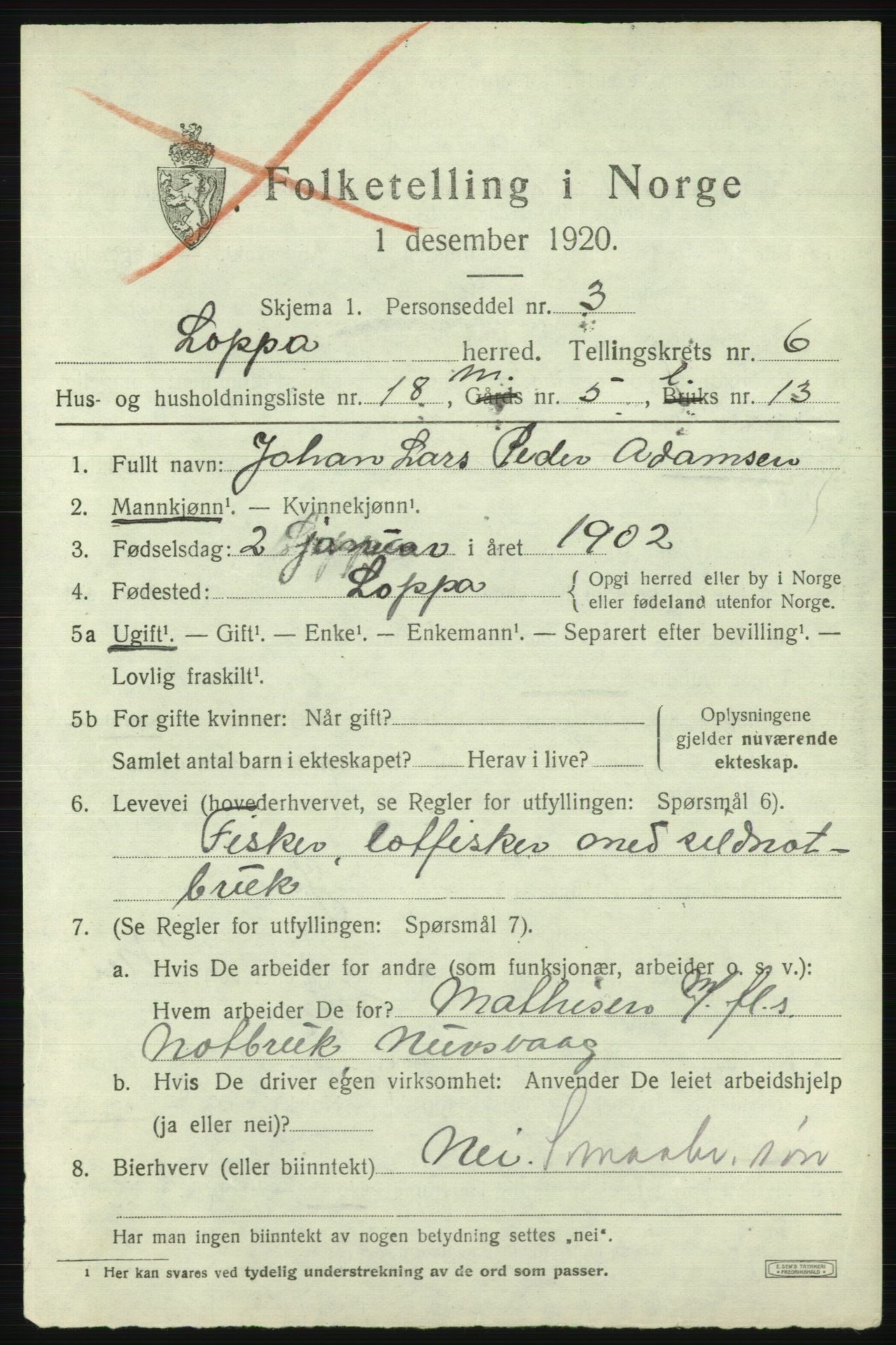 SATØ, 1920 census for Loppa, 1920, p. 2736