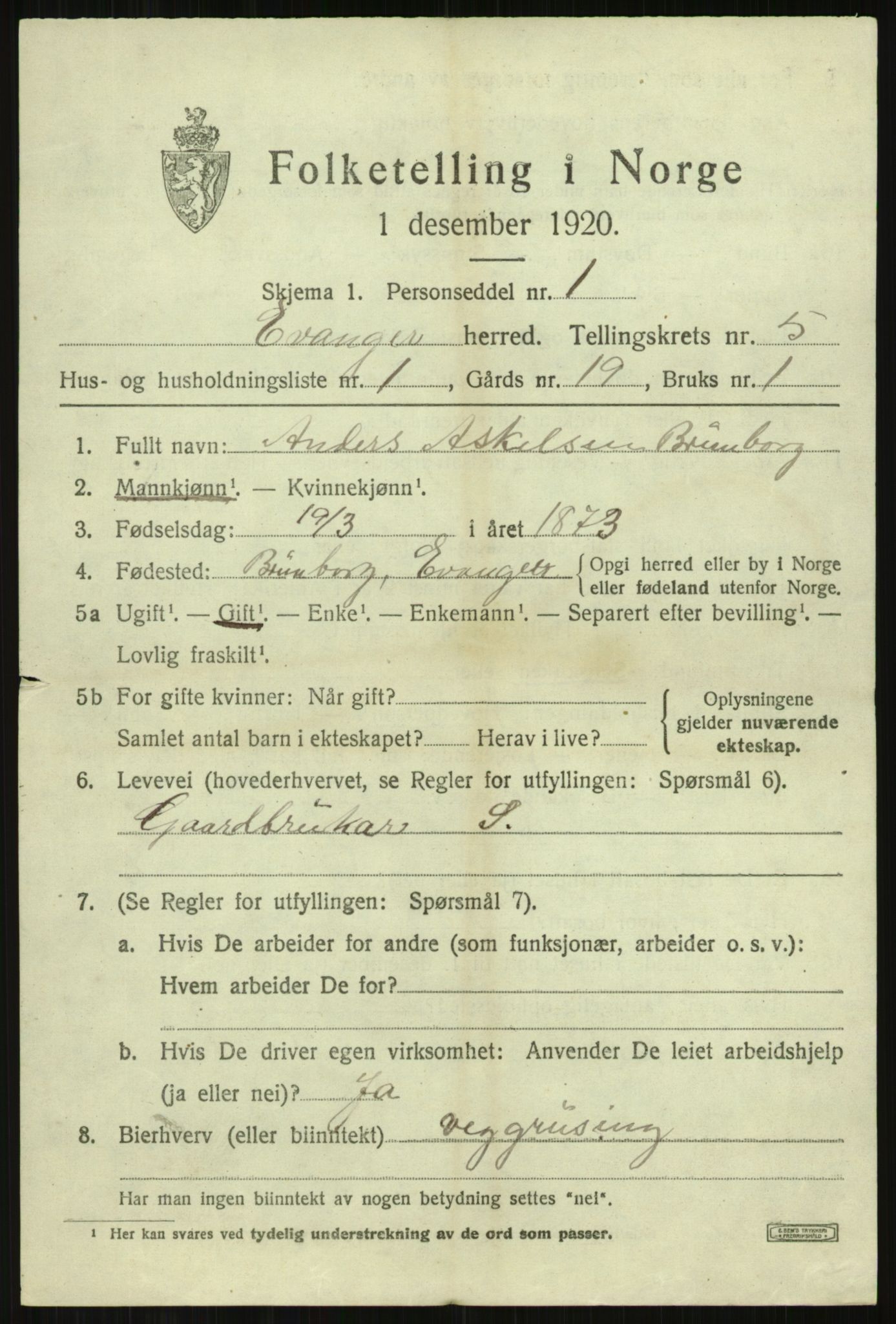 SAB, 1920 census for Evanger, 1920, p. 1657