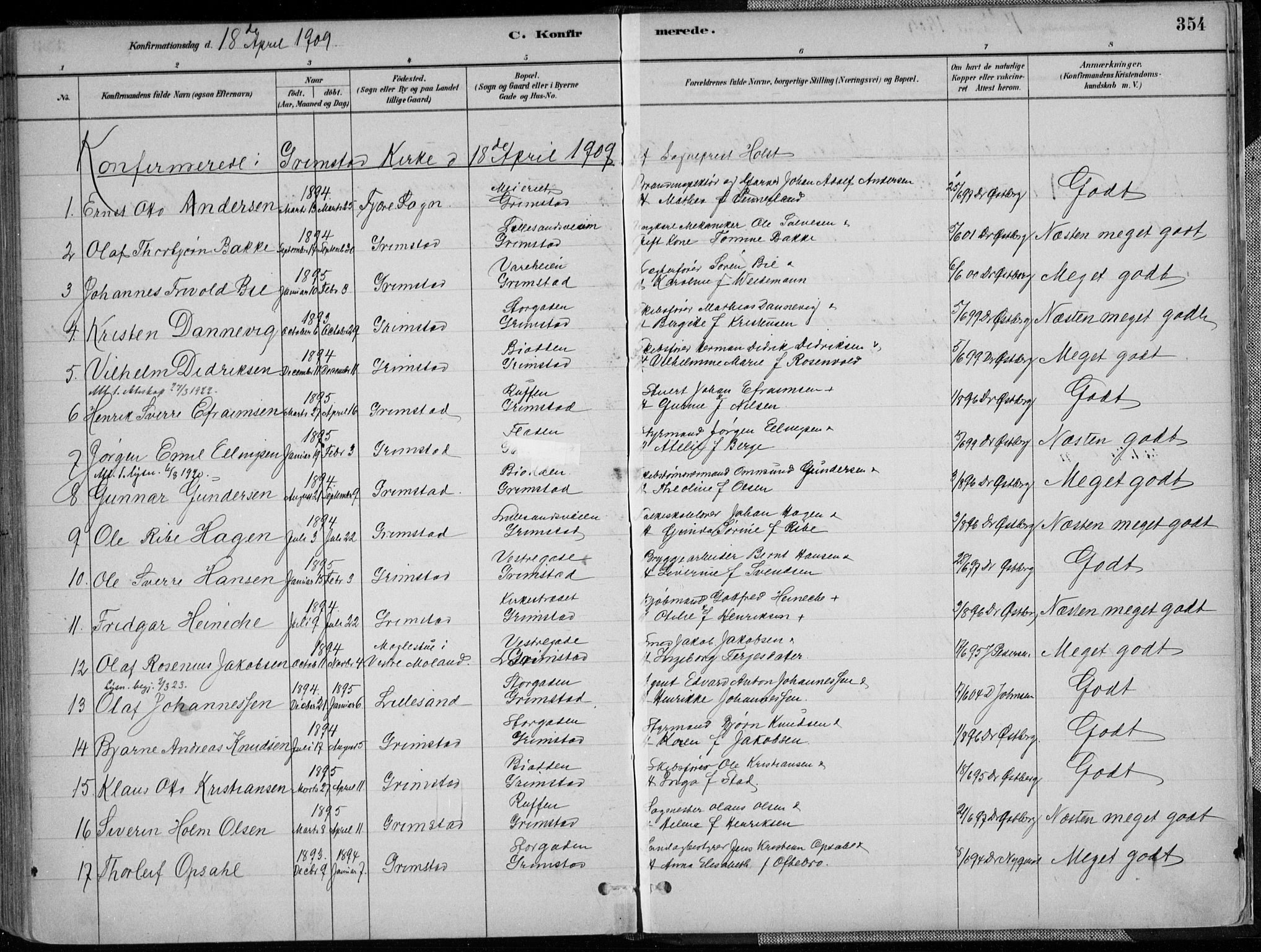 Grimstad sokneprestkontor, SAK/1111-0017/F/Fa/L0003: Parish register (official) no. A 2, 1882-1912, p. 354