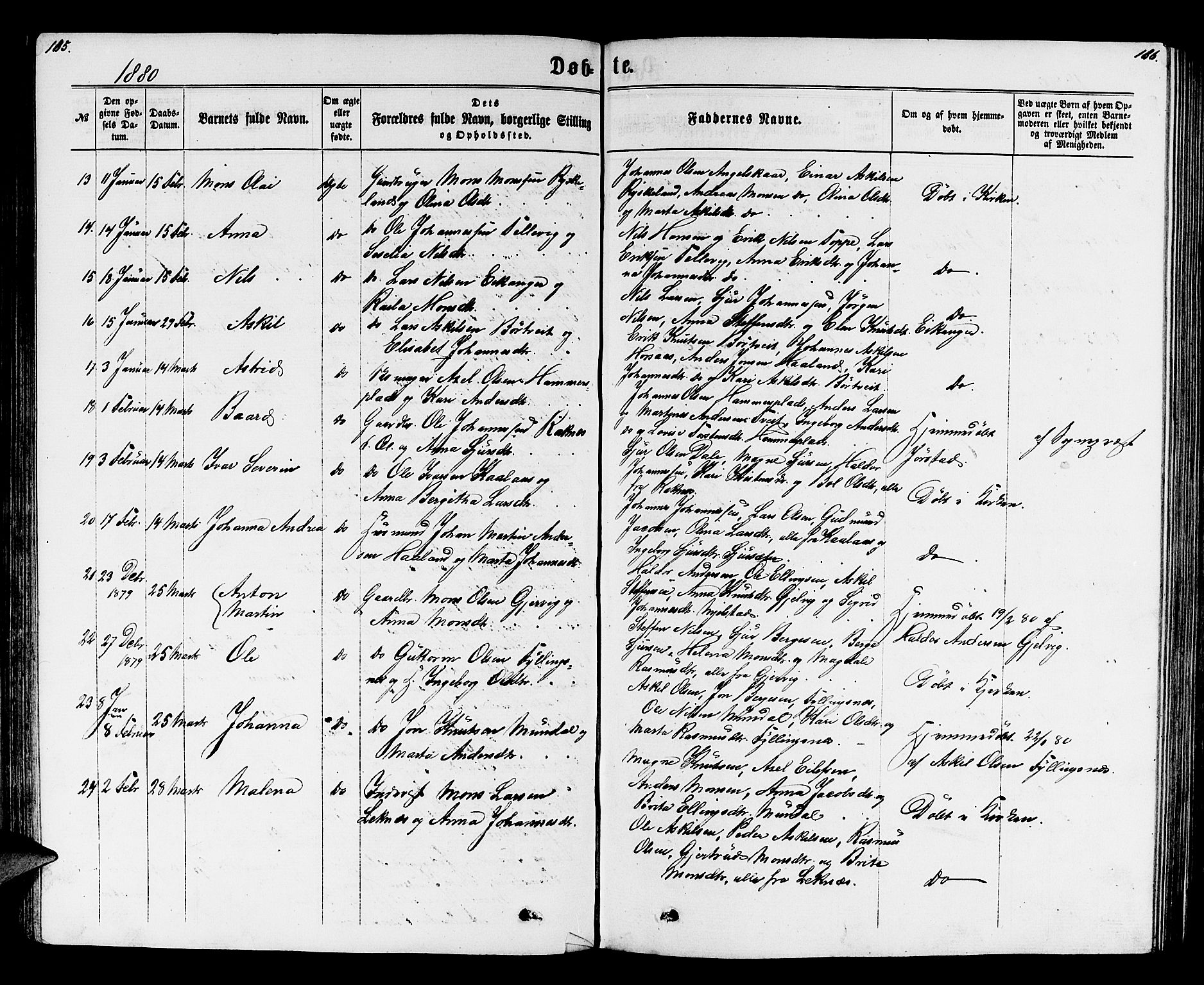 Hamre sokneprestembete, SAB/A-75501/H/Ha/Hab: Parish register (copy) no. B 2, 1863-1880, p. 185-186