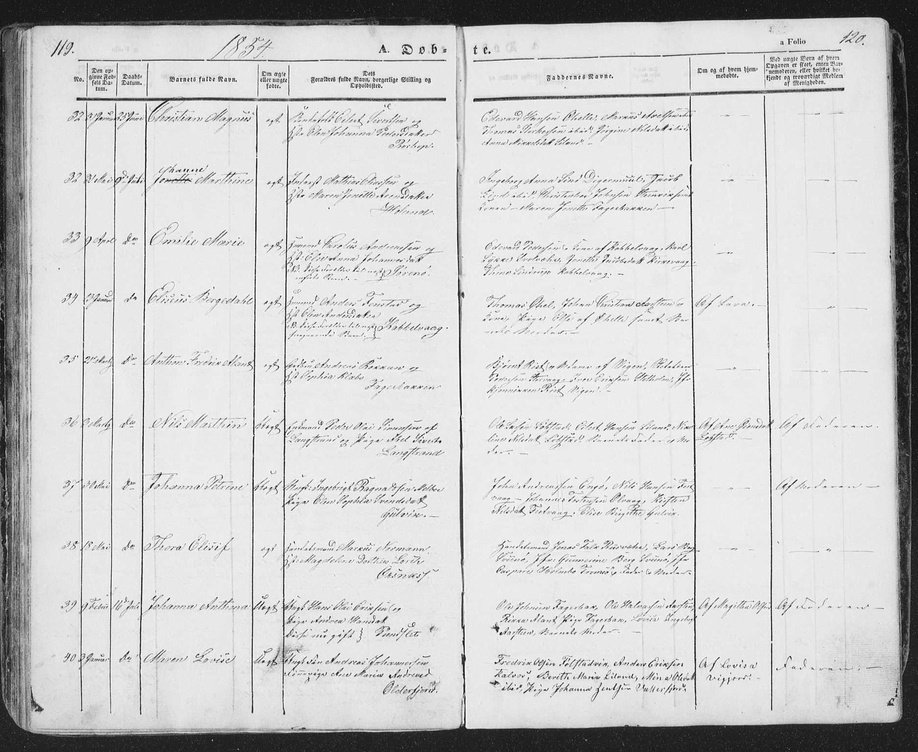 Ministerialprotokoller, klokkerbøker og fødselsregistre - Nordland, SAT/A-1459/874/L1072: Parish register (copy) no. 874C01, 1843-1859, p. 119-120