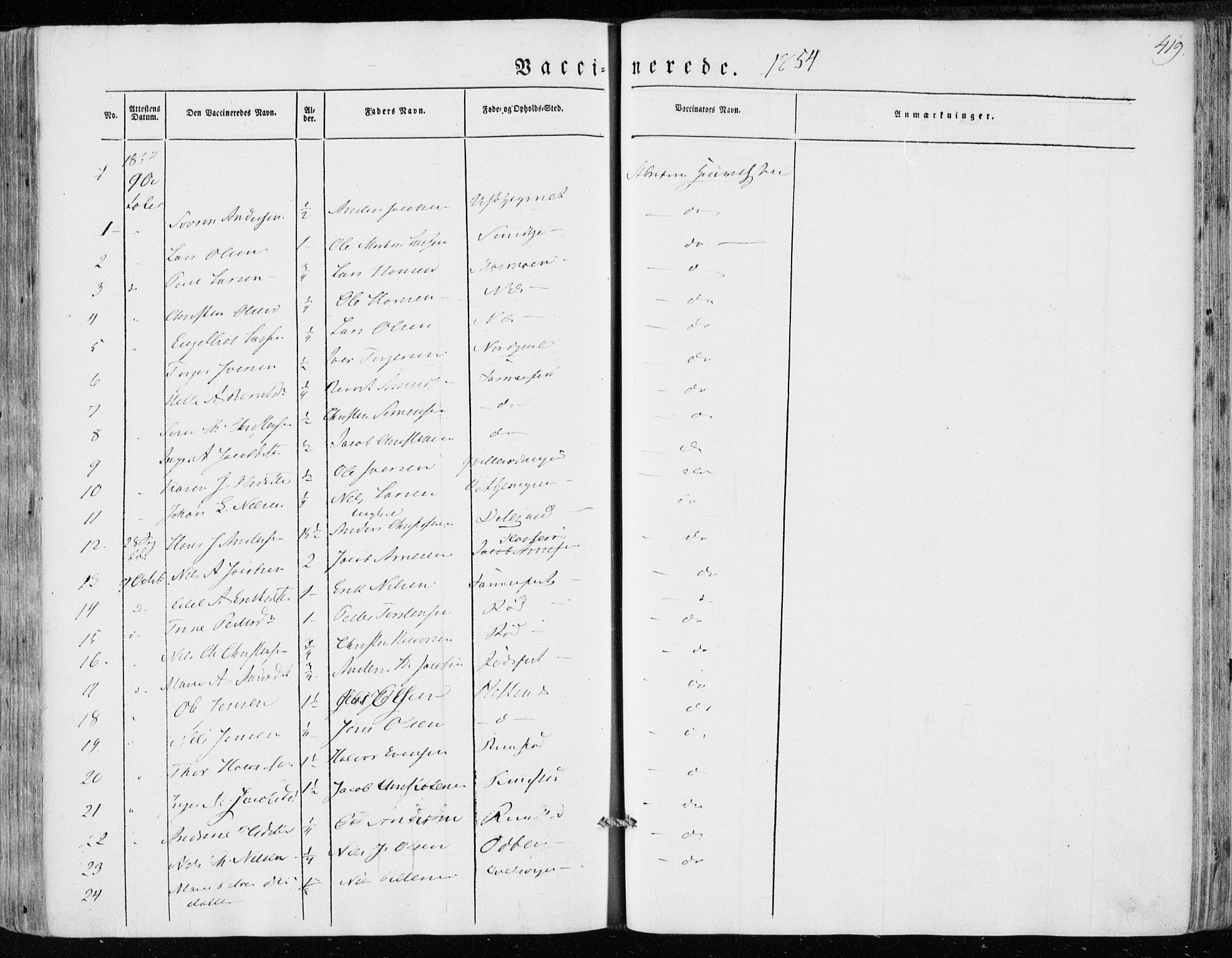 Hedrum kirkebøker, AV/SAKO-A-344/F/Fa/L0006: Parish register (official) no. I 6, 1849-1857, p. 419