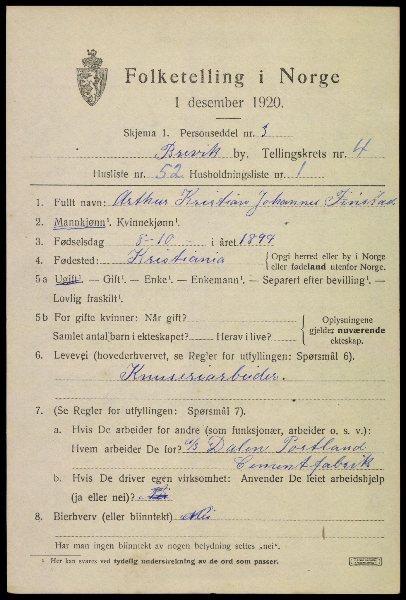 SAKO, 1920 census for Brevik, 1920, p. 6562