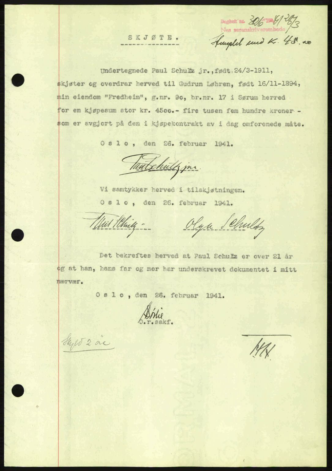 Nes tingrett, AV/SAO-A-10548/G/Gb/Gbb/L0011: Mortgage book no. 55, 1940-1941, Diary no: : 326/1941